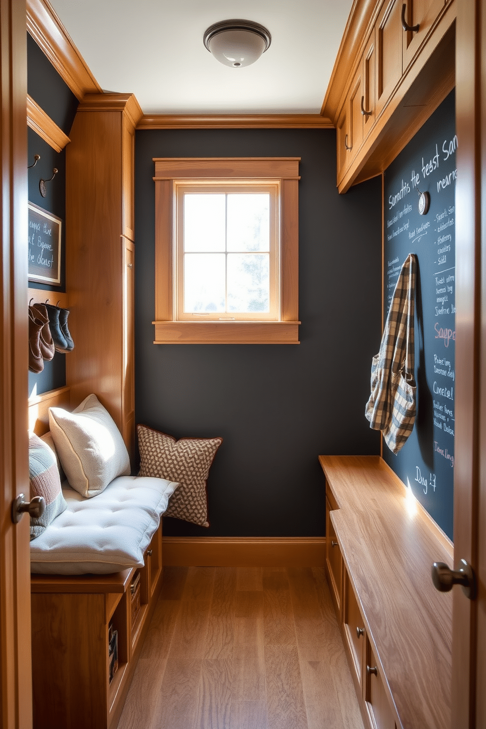 A cozy mudroom features a large chalkboard wall for notes and reminders, enhancing functionality and style. The space includes built-in benches with plush cushions and ample storage for shoes and outdoor gear, seamlessly connecting to the adjacent family room. Natural light floods the mudroom through a nearby window, highlighting the warm wood tones of the cabinetry. Decorative hooks line the wall, providing a practical yet charming solution for hanging coats and bags.