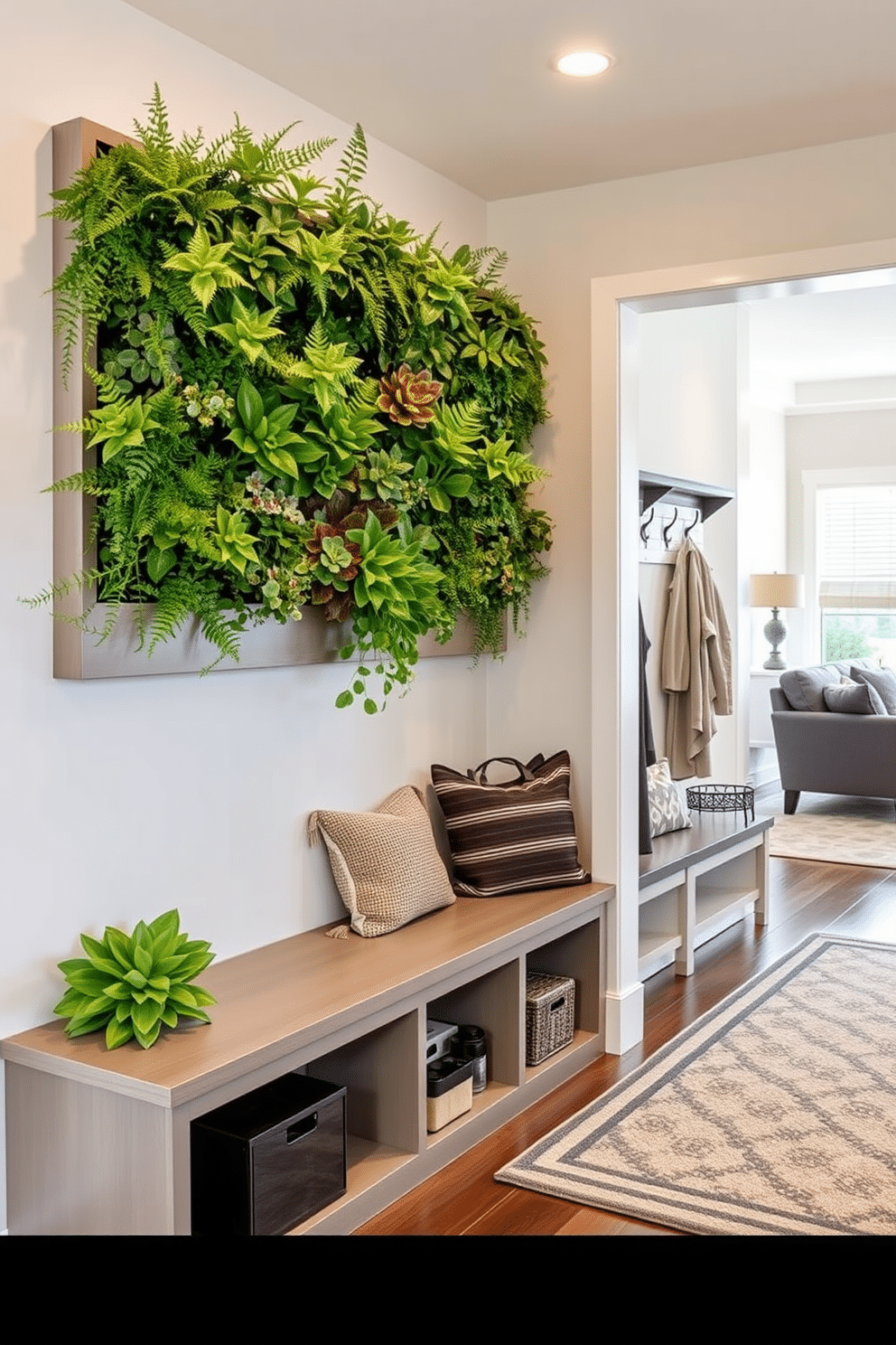 A vertical garden filled with lush green plants creates a refreshing focal point in the room. The garden features a mix of ferns, succulents, and flowering plants, all arranged in a modern wall-mounted planter that complements the surrounding decor. The mudroom is designed with a practical layout that seamlessly connects to the family room. It includes built-in benches with storage underneath, hooks for hanging coats, and a stylish area rug that adds warmth and character to the space.