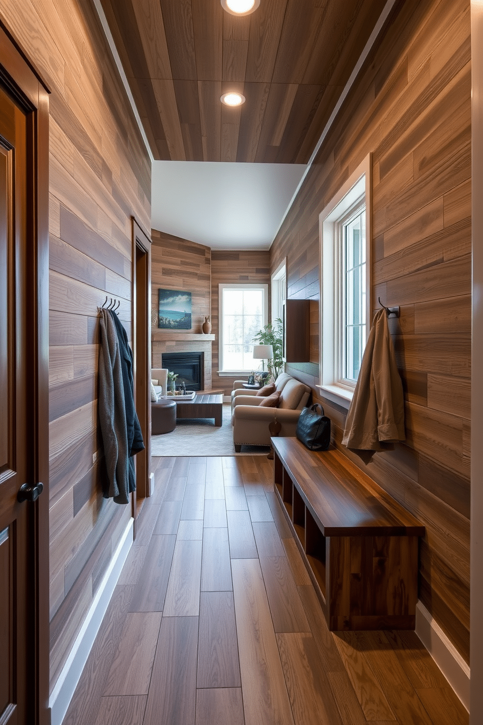 Textured wall paneling in a mudroom adds depth and character, creating a warm and inviting entryway. The design features a combination of rich wood tones and soft neutral colors, enhancing the overall aesthetic of the space. Adjacent to the family room, the mudroom includes built-in storage benches and hooks for coats and bags, promoting organization and functionality. Large windows allow natural light to flood the area, highlighting the textured wall paneling and creating a seamless flow between the two spaces.