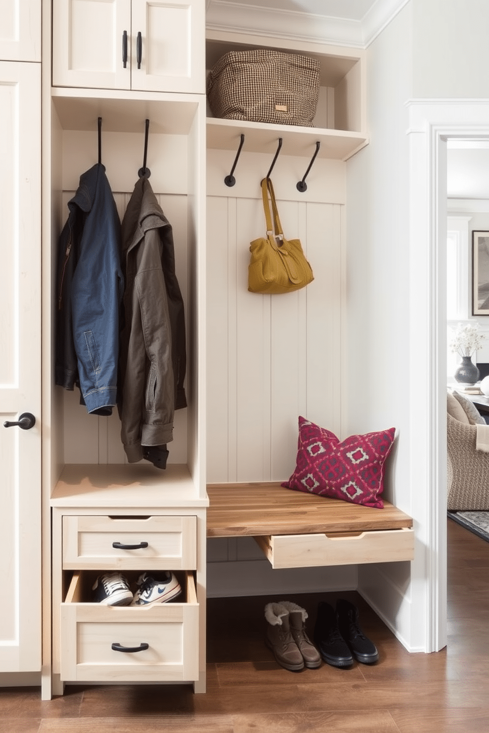 A functional mudroom design near the family room features pull-out drawers seamlessly integrated into the cabinetry for hidden storage. The space is adorned with a rustic bench, providing a cozy spot for removing shoes, while hooks above hold jackets and bags, ensuring everything is organized and easily accessible.