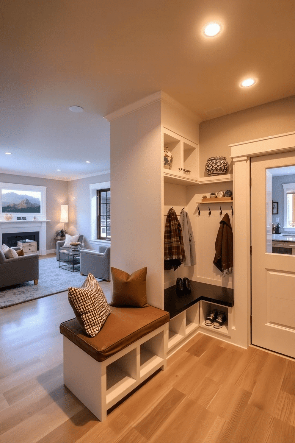 Recessed lighting casts a warm glow throughout the mudroom, enhancing its modern appeal while providing ample illumination. The space features sleek cabinetry with a minimalist design, complemented by a stylish bench for convenience. The mudroom is designed with durable flooring in a neutral tone, seamlessly connecting to the family room. A built-in storage unit with hooks and cubbies offers practical organization, while decorative accents add a touch of personality.