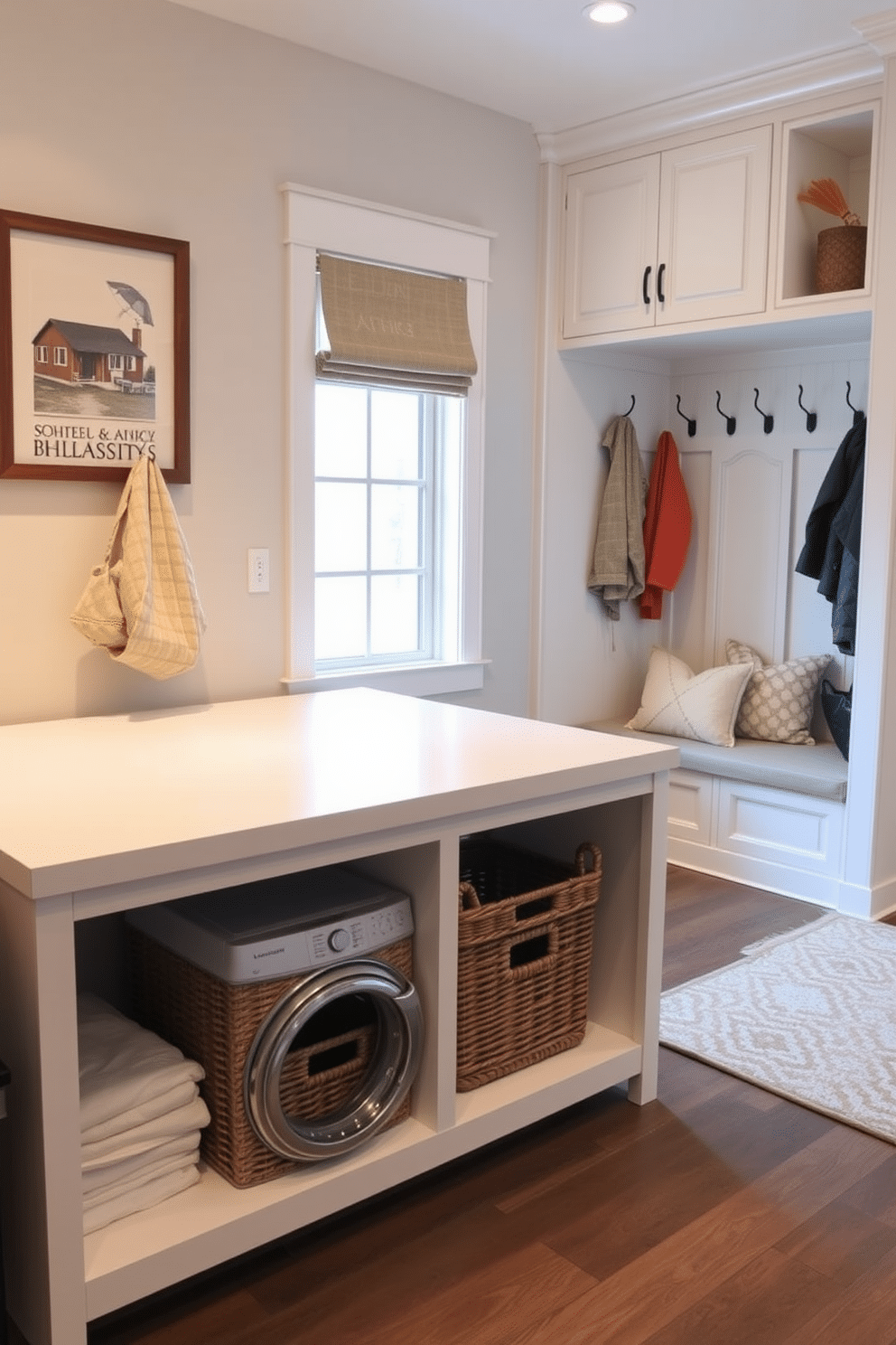 A multi-functional table for folding laundry is designed with a sleek, modern aesthetic. It features a smooth, white surface with built-in storage compartments underneath for laundry supplies and baskets. The mudroom near the family room boasts a practical yet stylish design. It includes a combination of built-in benches with plush cushions, hooks for coats, and a wall of cabinetry for storage, all accented by warm, inviting colors.