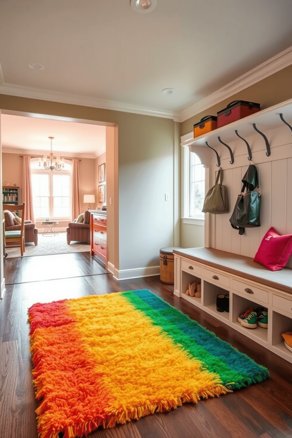 A bright, plush area rug in vibrant colors lies at the center of the mudroom, inviting warmth and comfort. The space features built-in storage benches with soft cushions, perfect for family members to sit and remove shoes. Adjacent to the family room, the mudroom showcases a functional layout with hooks for coats and bags, seamlessly blending practicality with style. Large windows allow natural light to flood the area, enhancing the cheerful atmosphere and connecting it to the rest of the home.