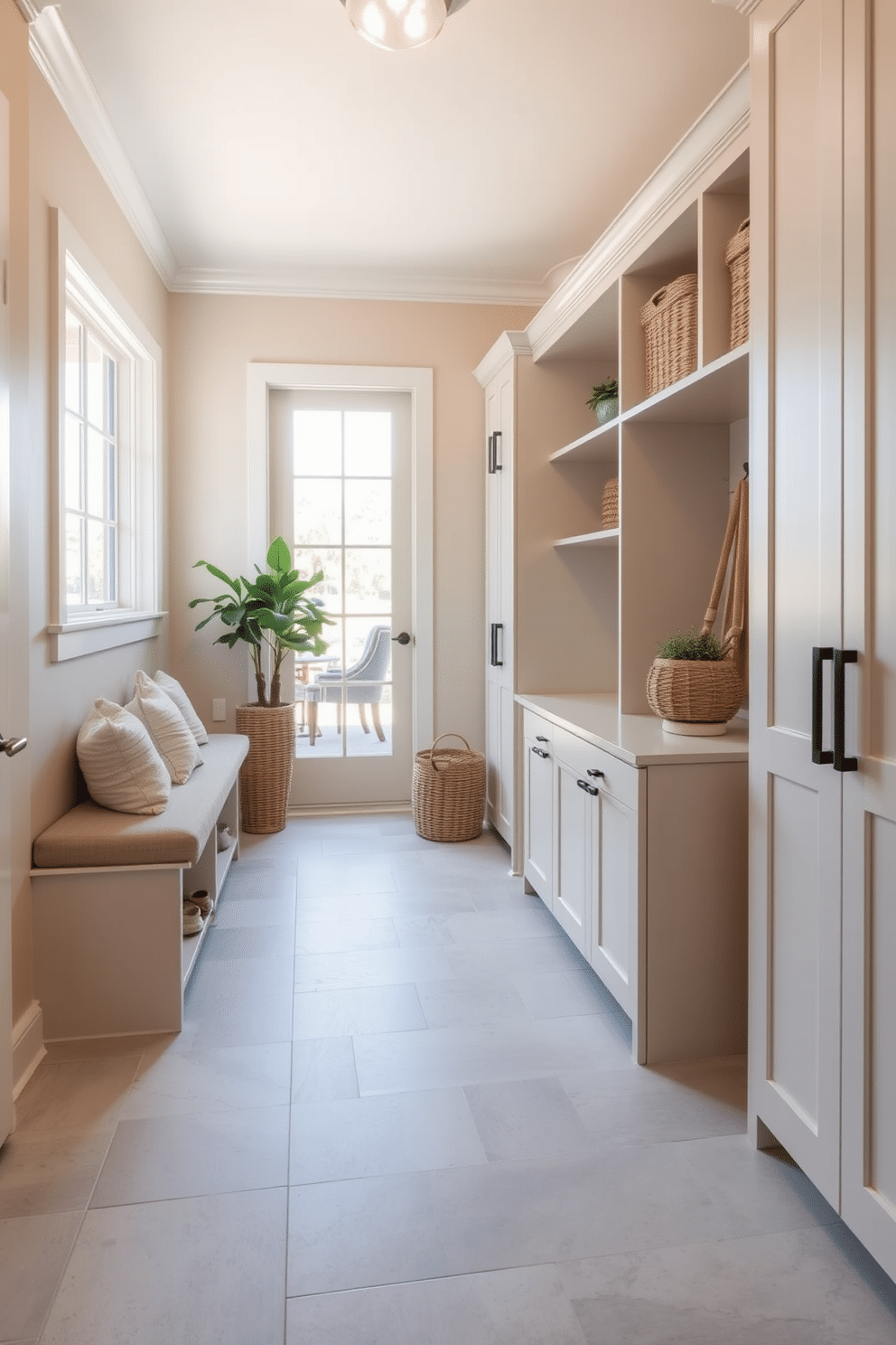 A mudroom designed with a neutral color palette creates a serene atmosphere, featuring soft beige walls and a light gray tile floor. Built-in benches with plush cushions provide comfort, while sleek cabinetry offers ample storage for shoes and outdoor gear. Natural light floods the space through a large window, enhancing the calming ambiance. Decorative elements like woven baskets and potted plants add warmth and texture, seamlessly integrating the mudroom with the adjacent family room.