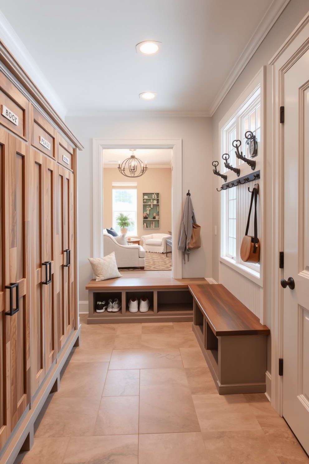 A functional mudroom featuring built-in lockers for family organization, designed with a warm color palette of soft grays and whites. The lockers are crafted from reclaimed wood, each with personalized nameplates, and the space includes a durable bench for easy shoe removal. Adjacent to the family room, the mudroom opens up with a seamless transition, highlighted by decorative hooks for coats and bags. Natural light floods the area through a large window, and the floor is finished with stylish, easy-to-clean tiles that complement the overall design.