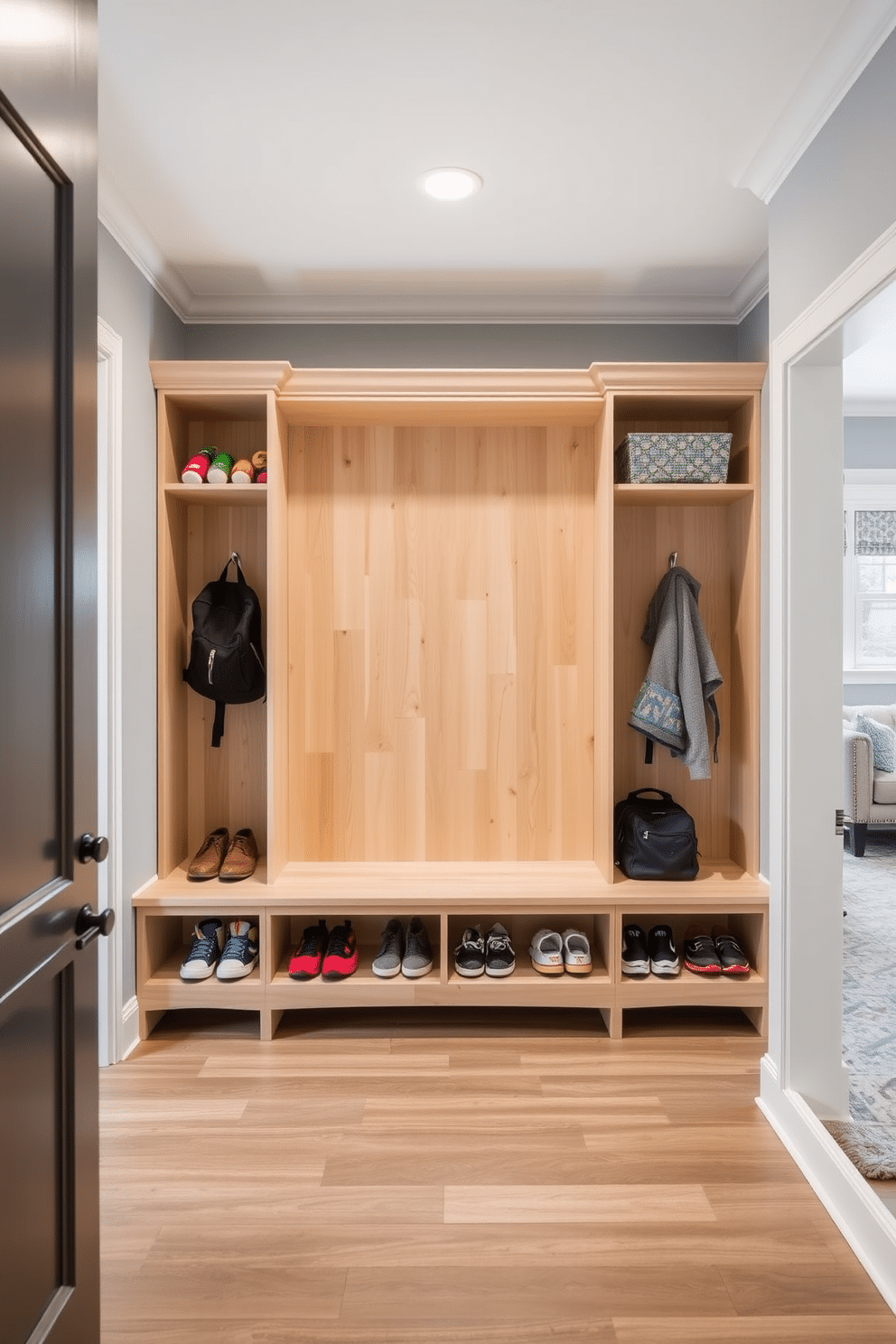 A functional mudroom adjacent to the family room features built-in cubbies designed for organized shoe and backpack storage. The cubbies are crafted from light wood, with a bench below for seating, and the walls are painted a soft gray to create a welcoming atmosphere.