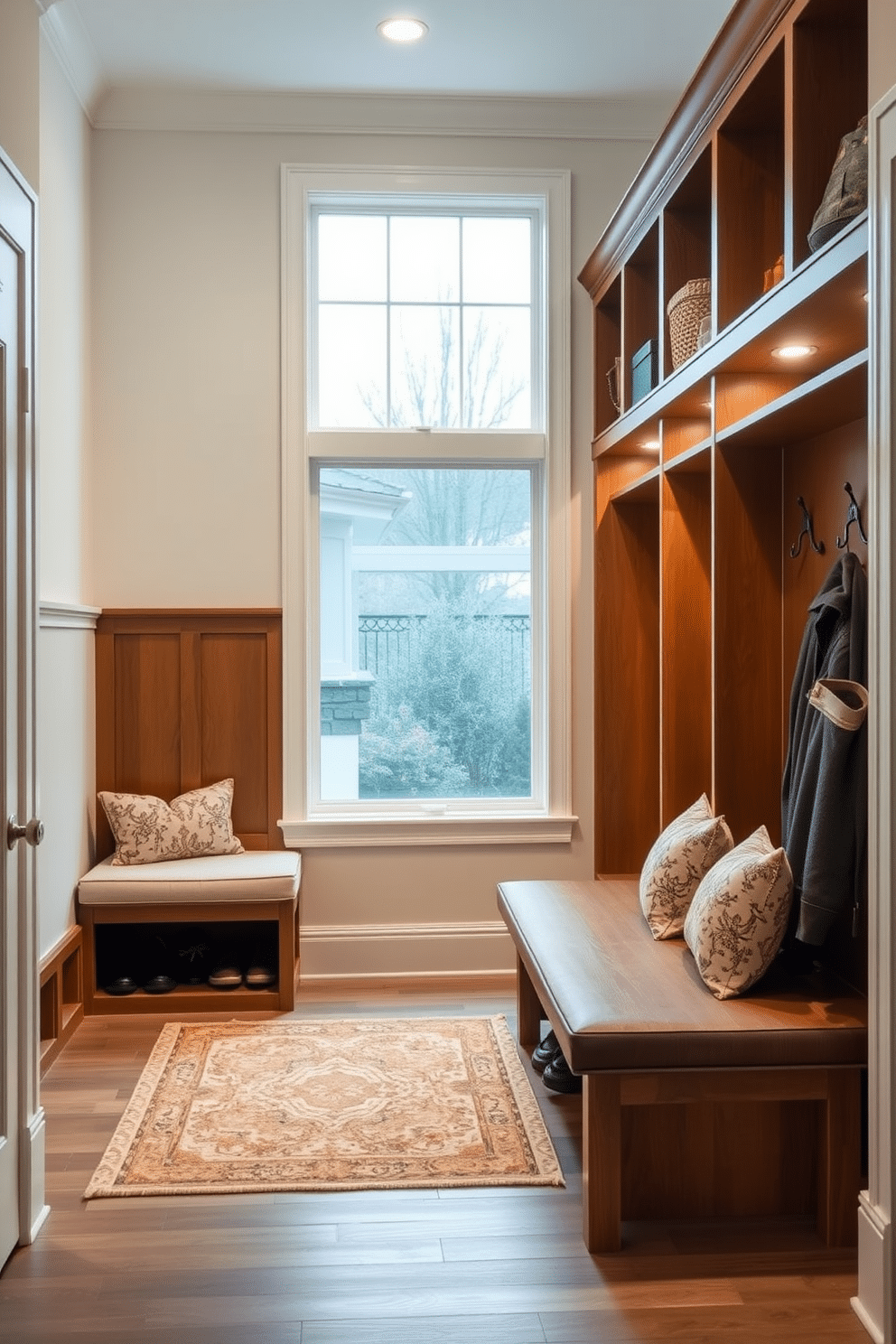 A mudroom designed near the family room features built-in cubbies with ample storage for shoes and coats, finished in a warm wood tone. Soft accent lighting illuminates the space, highlighting a stylish bench with plush cushions and a decorative area rug beneath it. The walls are painted in a light, airy color, complemented by a mix of open shelving and hooks for easy access to everyday items. A large window allows natural light to flood in, creating a welcoming transition from the outdoors to the comfort of the family room.