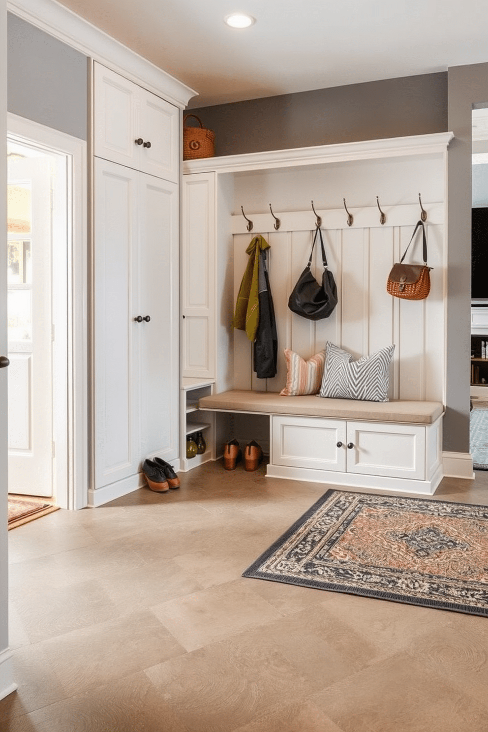 A durable flooring solution for high-traffic areas features large, textured tiles in a warm gray tone, designed to withstand everyday wear while maintaining an elegant appearance. The floor is complemented by a stylish area rug that adds a touch of softness and color, ensuring comfort without compromising durability. The mudroom near the family room is designed with built-in cabinetry in a soft white finish, providing ample storage for shoes and outdoor gear. A bench with plush cushions invites relaxation, while hooks above offer convenient access for coats and bags, creating an organized and welcoming entryway.