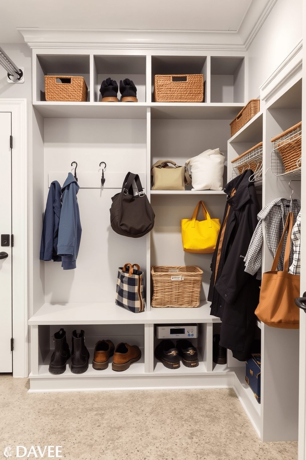 A functional mudroom near the garage features open shelving that provides easy access to storage for shoes, bags, and outdoor gear. The space is designed with a combination of hooks for hanging coats and baskets on the shelves for organized storage, all set against a backdrop of light gray walls and a durable, textured floor.