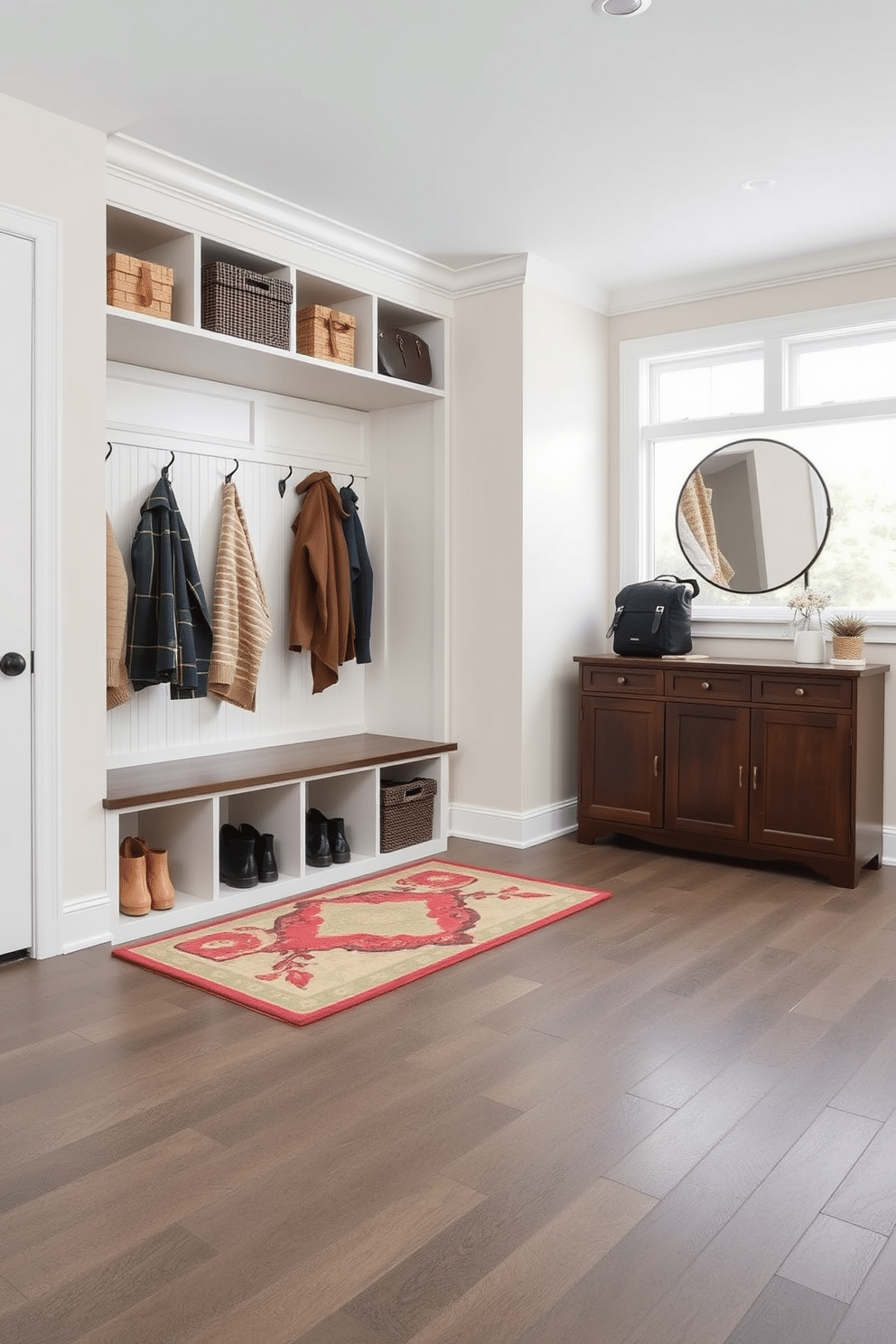 A mudroom near the garage features durable flooring designed to withstand high traffic. The space includes a built-in bench with storage cubbies, hooks for coats, and a decorative rug that adds a pop of color while being easy to clean.