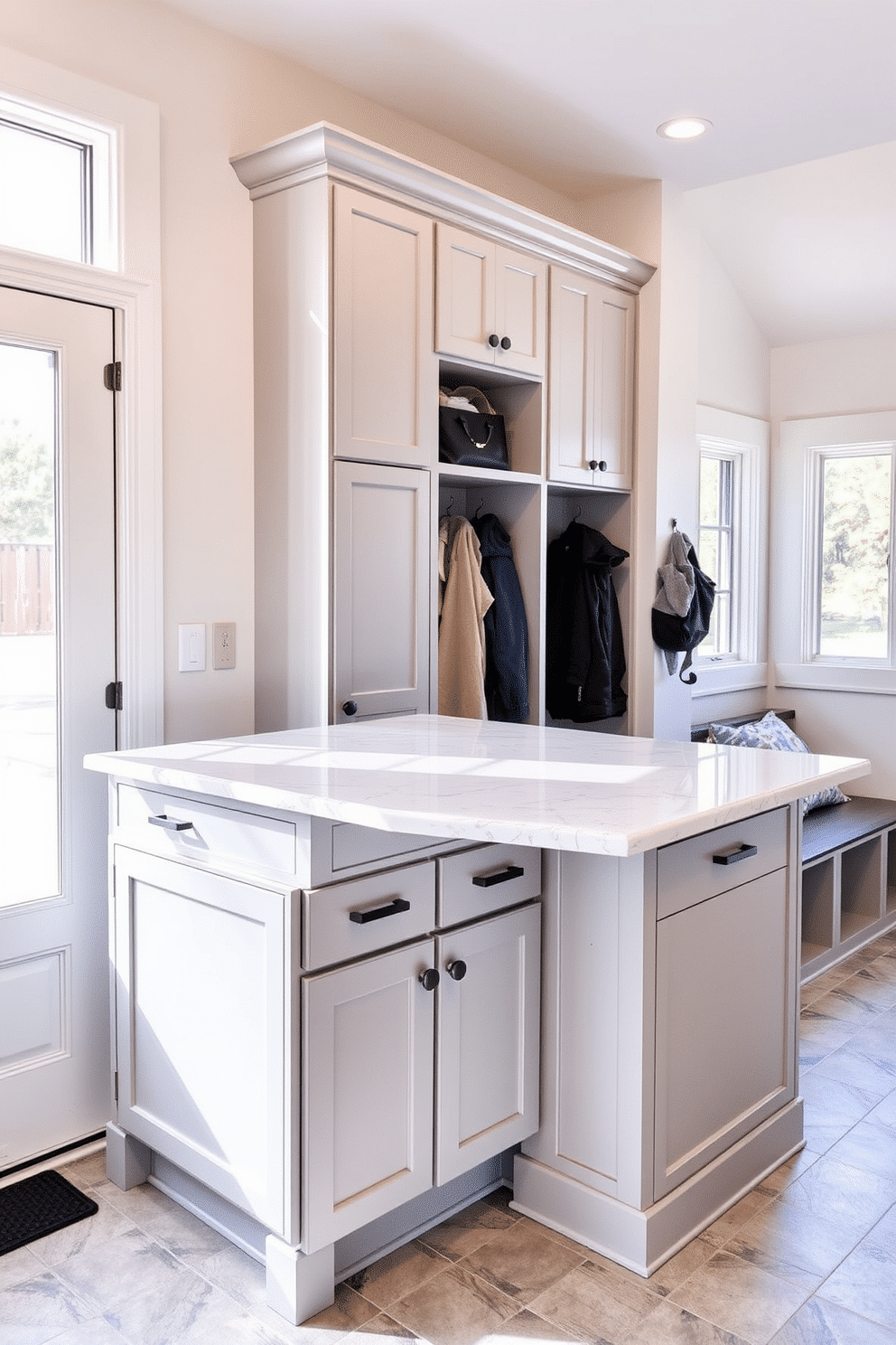 A functional mudroom island features a spacious countertop made of durable quartz, perfect for sorting mail and bags. Below the countertop, ample storage is provided with open shelves and closed cabinetry in a soft gray finish. Adjacent to the garage, the mudroom is designed with hooks for coats and a built-in bench for seating. Natural light floods the space through a large window, highlighting the tile flooring that complements the overall aesthetic.