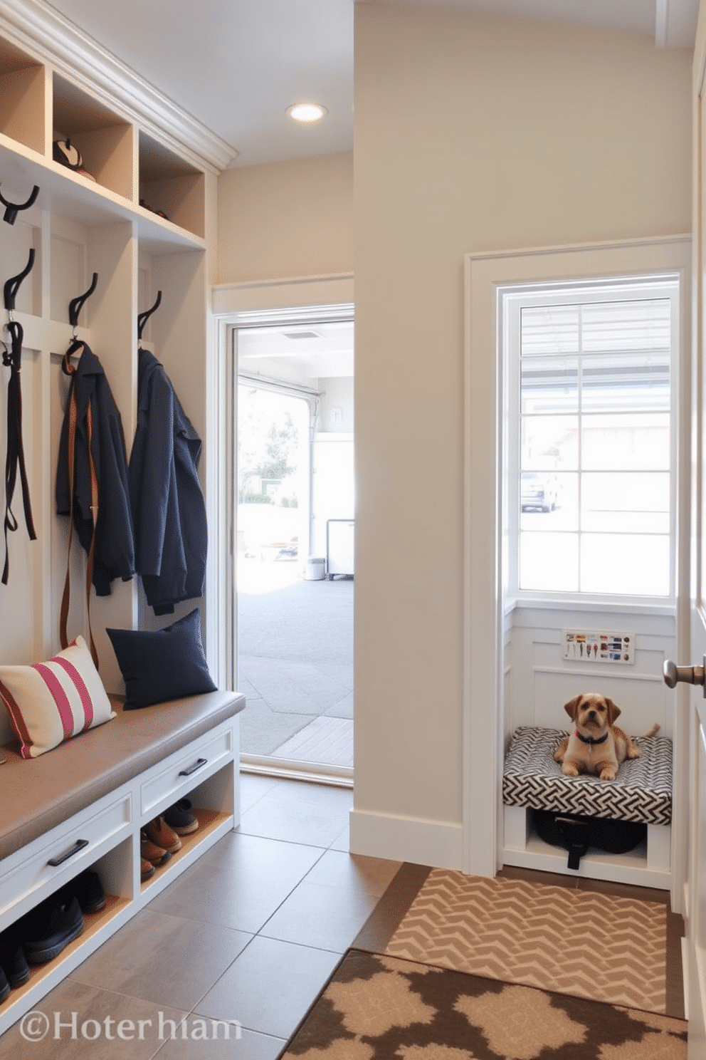 A functional mudroom near the garage features built-in storage benches with cushioned seating, perfect for removing shoes and coats. The walls are lined with hooks for jackets and leashes, while a durable tile floor allows for easy cleaning. Adjacent to the mudroom, an integrated pet area includes a stylish feeding station with elevated bowls and a cozy bed tucked into a custom-built nook. The space is designed with easy-to-clean materials and includes storage for pet supplies, maintaining a seamless look throughout the home.