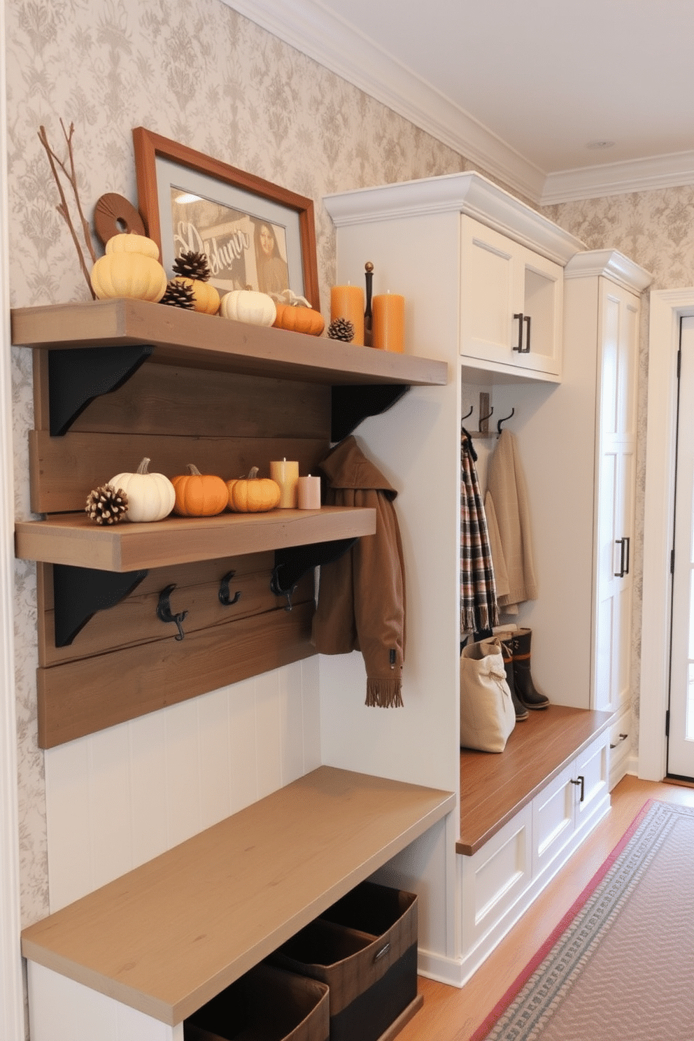 A cozy seasonal decor display on shelves features an assortment of autumn-themed items, including small pumpkins, pinecones, and warm-toned candles. The shelves are made of reclaimed wood, and a backdrop of soft, neutral wallpaper enhances the inviting atmosphere. The mudroom near the garage is designed with practical yet stylish elements, including built-in benches and hooks for coats. Light-colored cabinetry provides ample storage, while a patterned rug adds a pop of color and comfort underfoot.