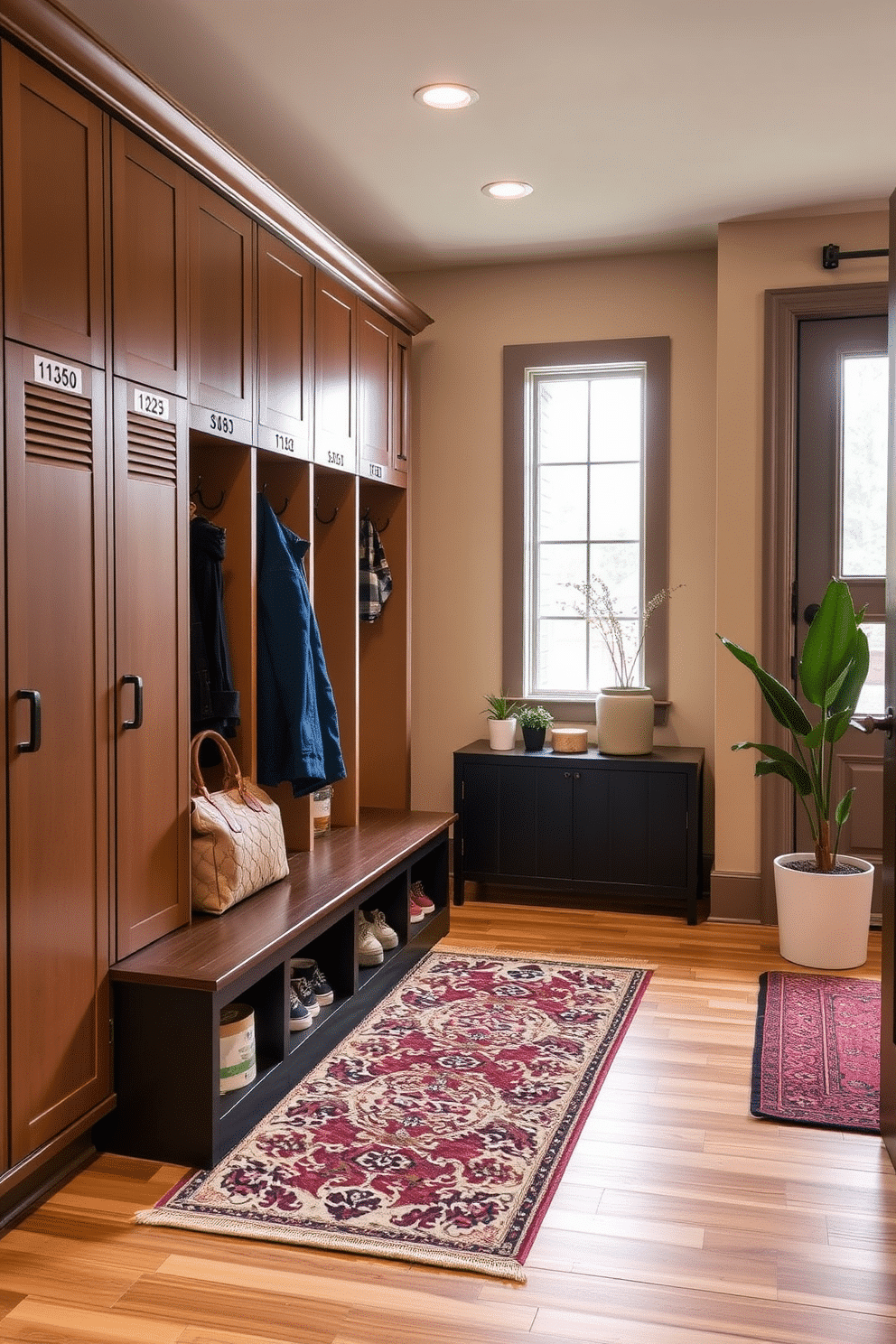 A mudroom located near the garage features a row of stylish lockers, each adorned with personalized name tags for family members. The space is designed with a practical bench for seating, complemented by hooks for hanging coats and bags, all set against a backdrop of warm, inviting colors. The flooring is a durable tile that mimics wood, ensuring easy maintenance while adding a touch of elegance. Natural light floods the room through a nearby window, highlighting decorative elements like potted plants and a stylish rug that ties the space together.