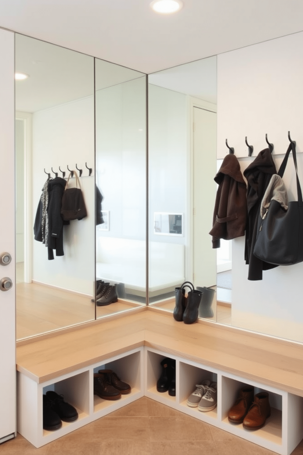 A mudroom designed near the garage features a mirrored wall that enhances light reflection, creating an airy and spacious feel. The space includes built-in benches with storage underneath, ideal for shoes and outdoor gear, while hooks on the wall provide convenient hanging options for coats and bags.