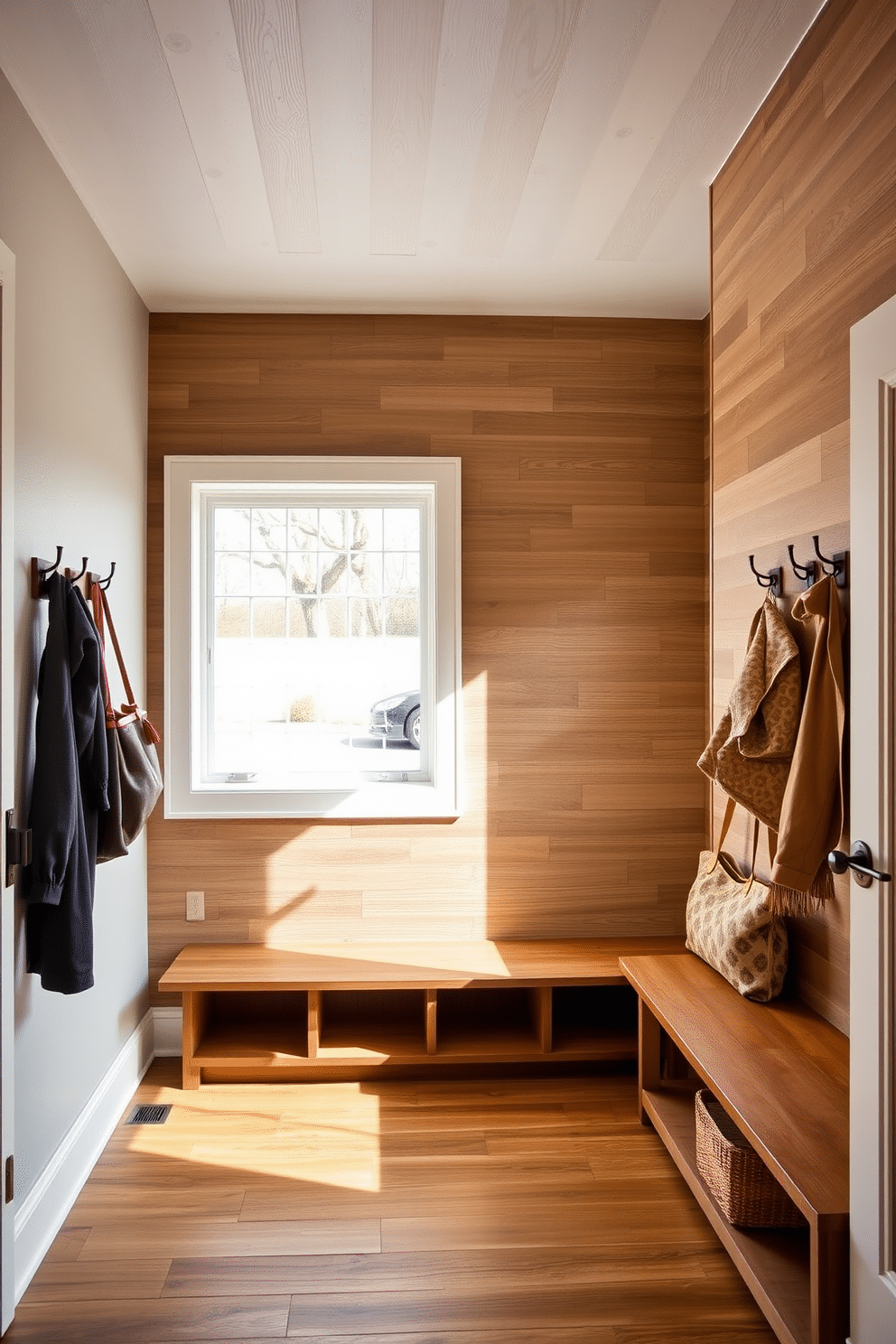 Textured wall panels create a stunning backdrop in a mudroom, enhancing depth and visual interest. The space features a built-in bench with storage underneath, complemented by hooks for coats and bags. Adjacent to the garage, the mudroom showcases durable flooring that withstands heavy foot traffic. Natural light floods the area through a large window, illuminating the warm tones of the wood and the inviting color palette.