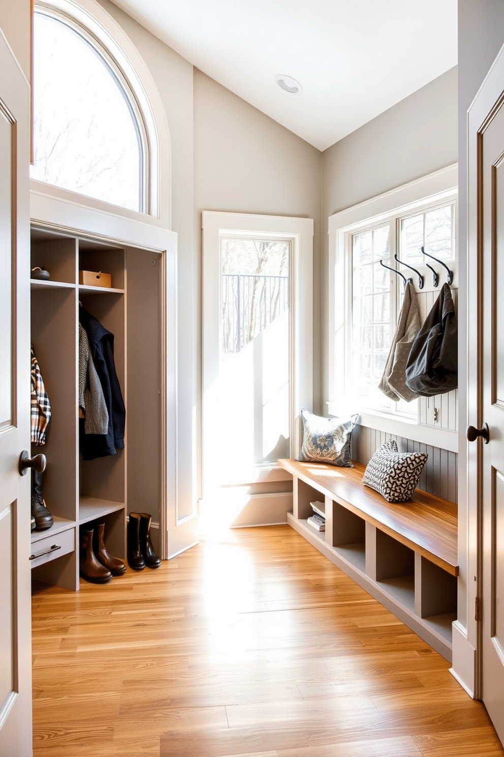 A stylish mudroom adjacent to the garage features custom cabinetry that blends seamlessly with the surrounding architecture. The cabinetry is finished in a soft gray hue, providing ample storage for shoes and outdoor gear, while a built-in bench offers a cozy spot to sit and remove boots. The space is illuminated by natural light streaming in through a large window, enhancing the warm wood tones of the flooring. A decorative wall hook arrangement adds a functional yet aesthetic touch, perfect for hanging jackets and bags.