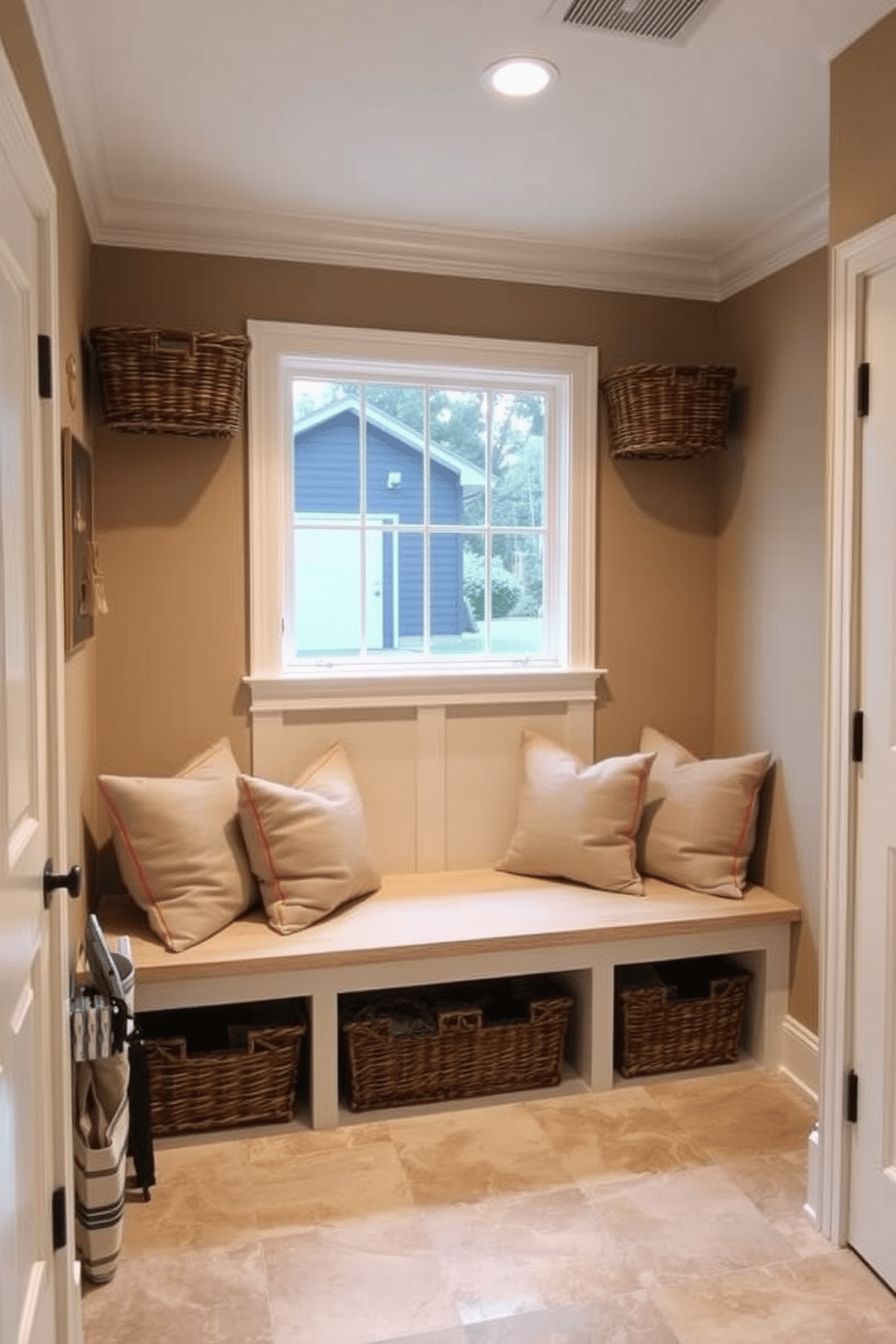 A cozy mudroom near the garage features a built-in bench with soft cushions, surrounded by woven baskets for a rustic touch. The walls are painted in a warm beige, complemented by a durable tile floor that can withstand heavy foot traffic.