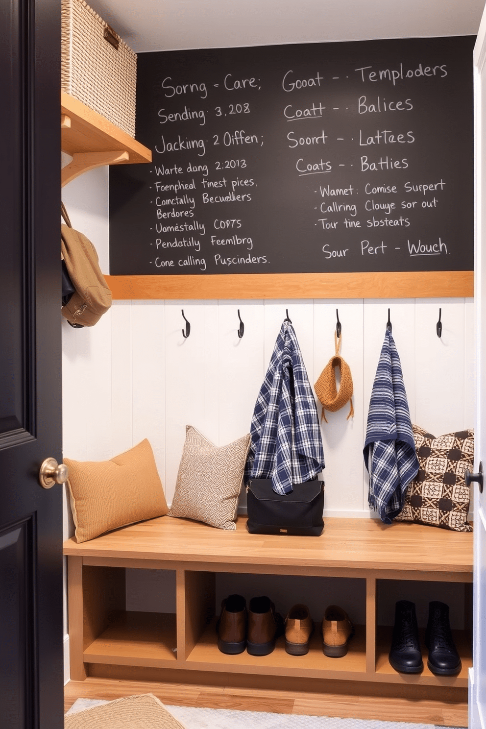 A functional mudroom near the garage features a large chalkboard wall for notes and reminders, providing a practical yet stylish touch. The space includes built-in benches with storage underneath and hooks for coats, all designed in a warm, inviting color palette.