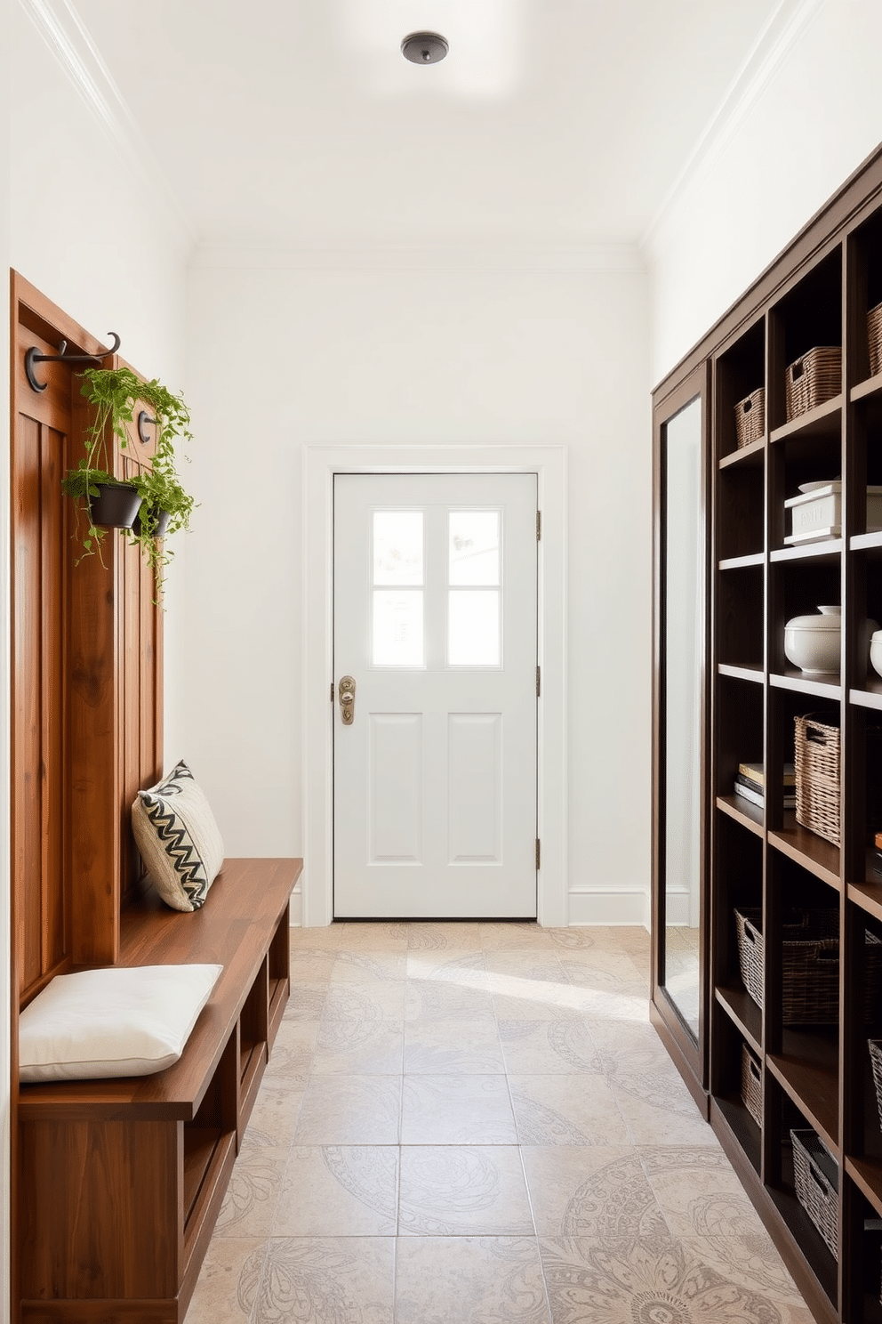 A welcoming mudroom near the garage features built-in wooden benches with soft cushions, providing a cozy spot to sit while removing shoes. Above the benches, a series of hanging plants cascade down from decorative hooks, adding a touch of greenery and freshness to the space. The walls are painted in a light, airy color, complemented by a durable, patterned tile floor that can withstand heavy foot traffic. Shelving units line one side, showcasing stylish storage baskets and decorative items, while a large mirror enhances the sense of space and light.