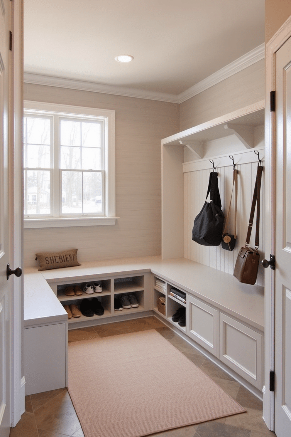 A serene mudroom adjacent to the garage, designed with a neutral color palette that incorporates soft beiges and warm grays. The space features built-in storage benches with cushioned seating, alongside open shelving for easy access to shoes and outdoor gear. Natural light floods the room through a large window, illuminating the textured wall paneling that adds depth to the design. A simple area rug in muted tones anchors the space, while hooks line the wall for hanging coats and bags, creating an organized and welcoming atmosphere.