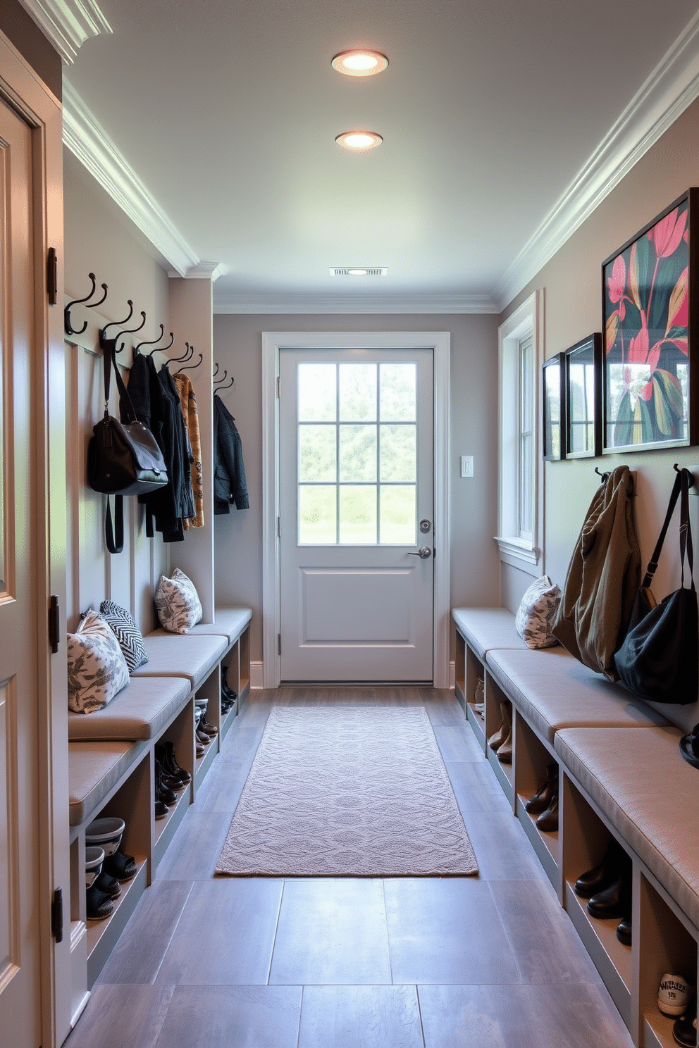 A stylish mudroom located near the garage features built-in benches with plush cushions and ample storage for shoes and coats. The walls are adorned with hooks for hanging bags and jackets, while a large window allows natural light to fill the space, creating a welcoming atmosphere. Artwork adds a personal touch to the mudroom, with framed prints or photographs displayed on the walls. A vibrant piece above the bench can serve as a focal point, enhancing the overall aesthetic of this functional area.