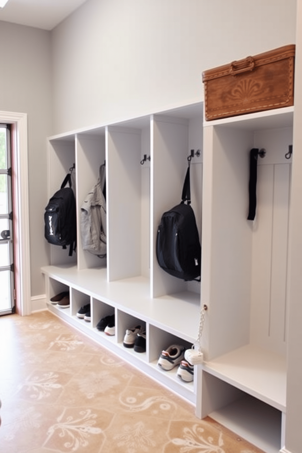 A functional mudroom near the garage features built-in cubbies designed for shoes and backpacks, providing ample storage space. The walls are painted in a light gray hue, while the floor is covered with durable, easy-to-clean tiles in a warm beige tone.