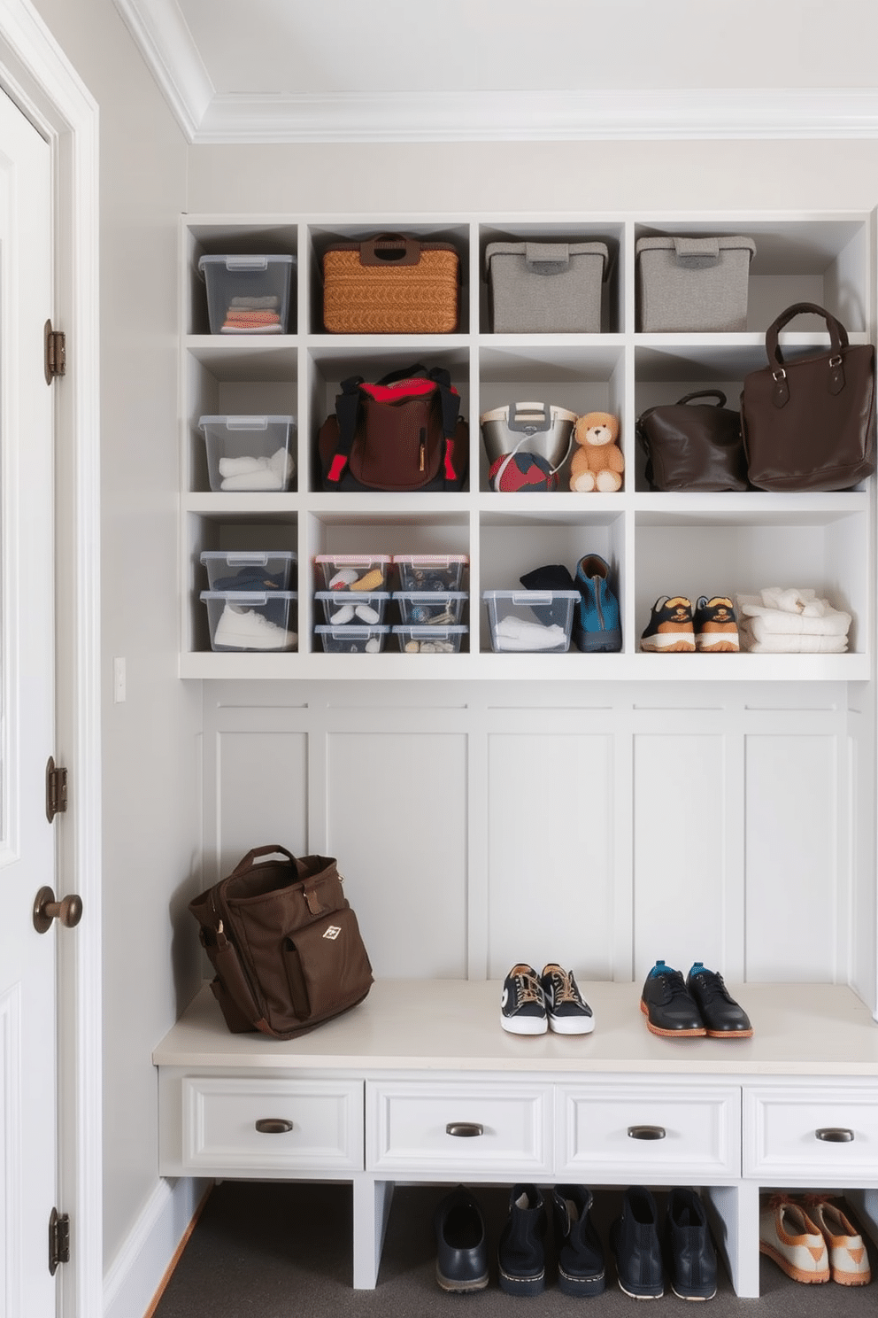 A functional mudroom near the garage features clear containers neatly arranged on open shelves, allowing for easy visibility and organization of shoes, bags, and sports equipment. The space is accented with a built-in bench, perfect for seating while putting on or taking off footwear, and the walls are painted in a soft gray to create a welcoming atmosphere.