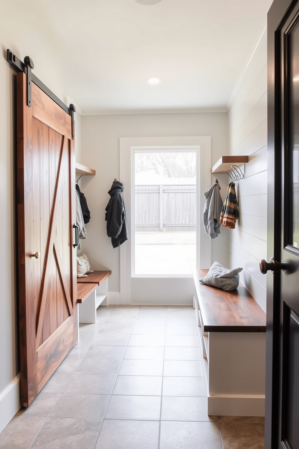 A stylish mudroom designed near the garage features a sliding barn door that seamlessly blends rustic charm with modern functionality. The space includes built-in benches with storage underneath, hooks for coats, and a durable tile floor that withstands heavy foot traffic.