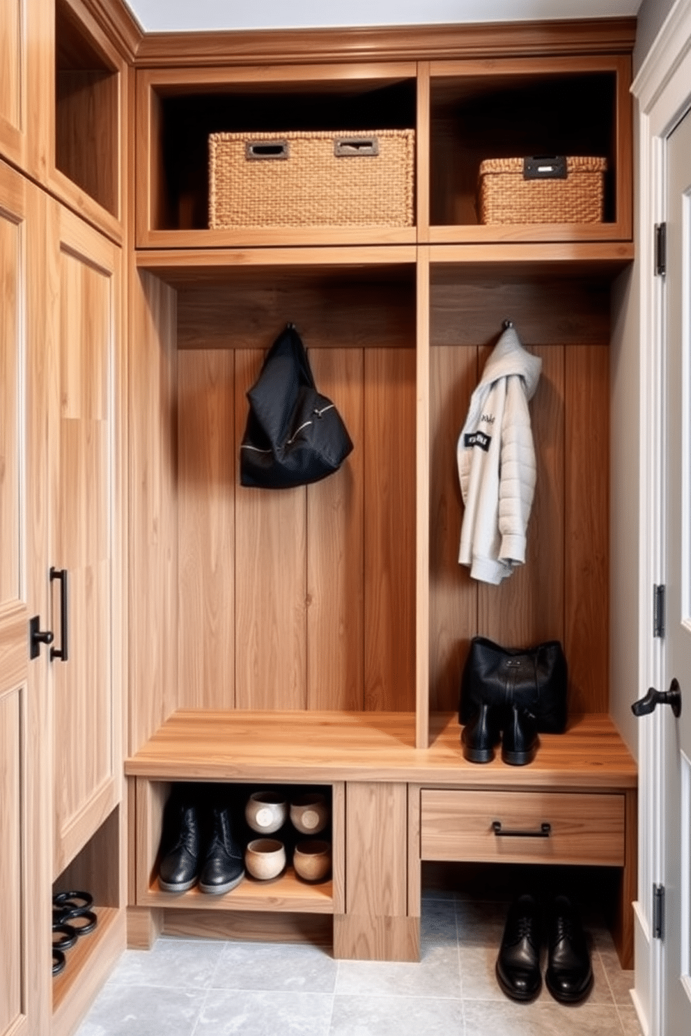 Mudroom lockers for organized chaos. The space features built-in wooden lockers with a mix of open and closed storage, allowing for easy access to shoes and coats. Mudroom near garage design ideas. The design incorporates a functional bench with hooks above for hanging bags and jackets, while the floor is covered in durable, easy-to-clean tile that complements the overall aesthetic.