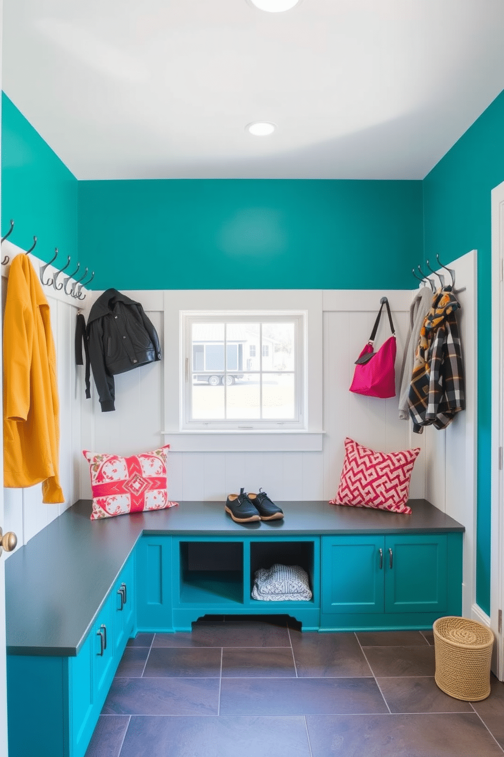 A vibrant mudroom features a colorful accent wall painted in a bold teal, drawing attention and adding a playful touch to the space. The room includes built-in benches with storage underneath, and hooks for coats and bags line the wall, creating a functional yet stylish entryway near the garage.