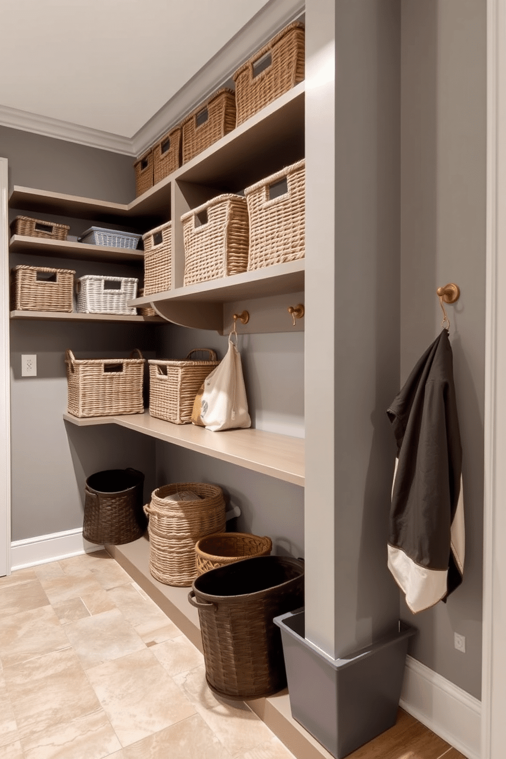 A functional mudroom near the kitchen features open shelving for easy access storage, showcasing neatly organized baskets and decorative bins. The walls are painted a soft gray, complemented by a durable, textured tile floor that withstands heavy foot traffic.