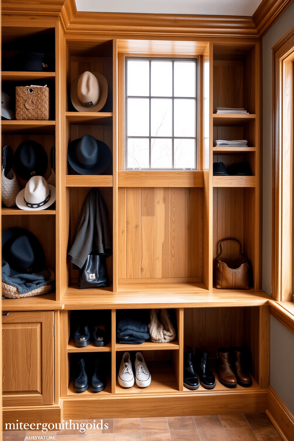 A stylish mudroom design features built-in cubbies for hats and gloves storage, crafted from warm oak wood with a natural finish. The space is illuminated by a large window, allowing natural light to highlight the organized shelves filled with neatly arranged accessories.