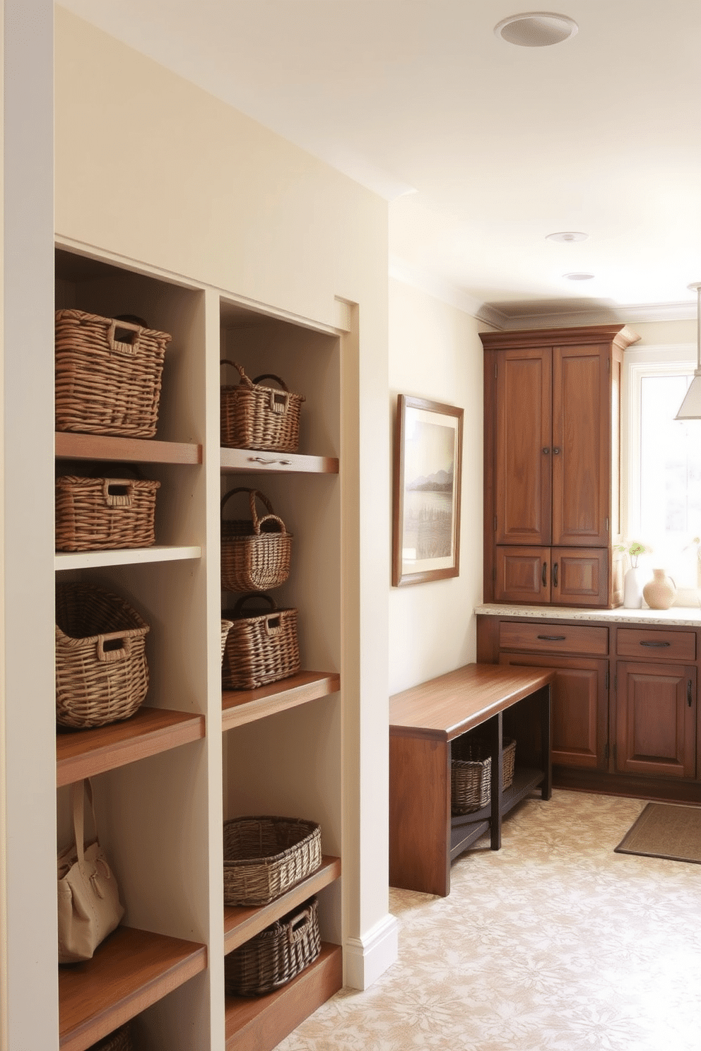 A cozy mudroom adjacent to the kitchen features a series of woven baskets neatly arranged on rustic wooden shelves, adding warmth and texture to the space. The walls are painted in a soft cream color, and a durable, patterned tile floor complements the natural elements, creating an inviting atmosphere for family gatherings.