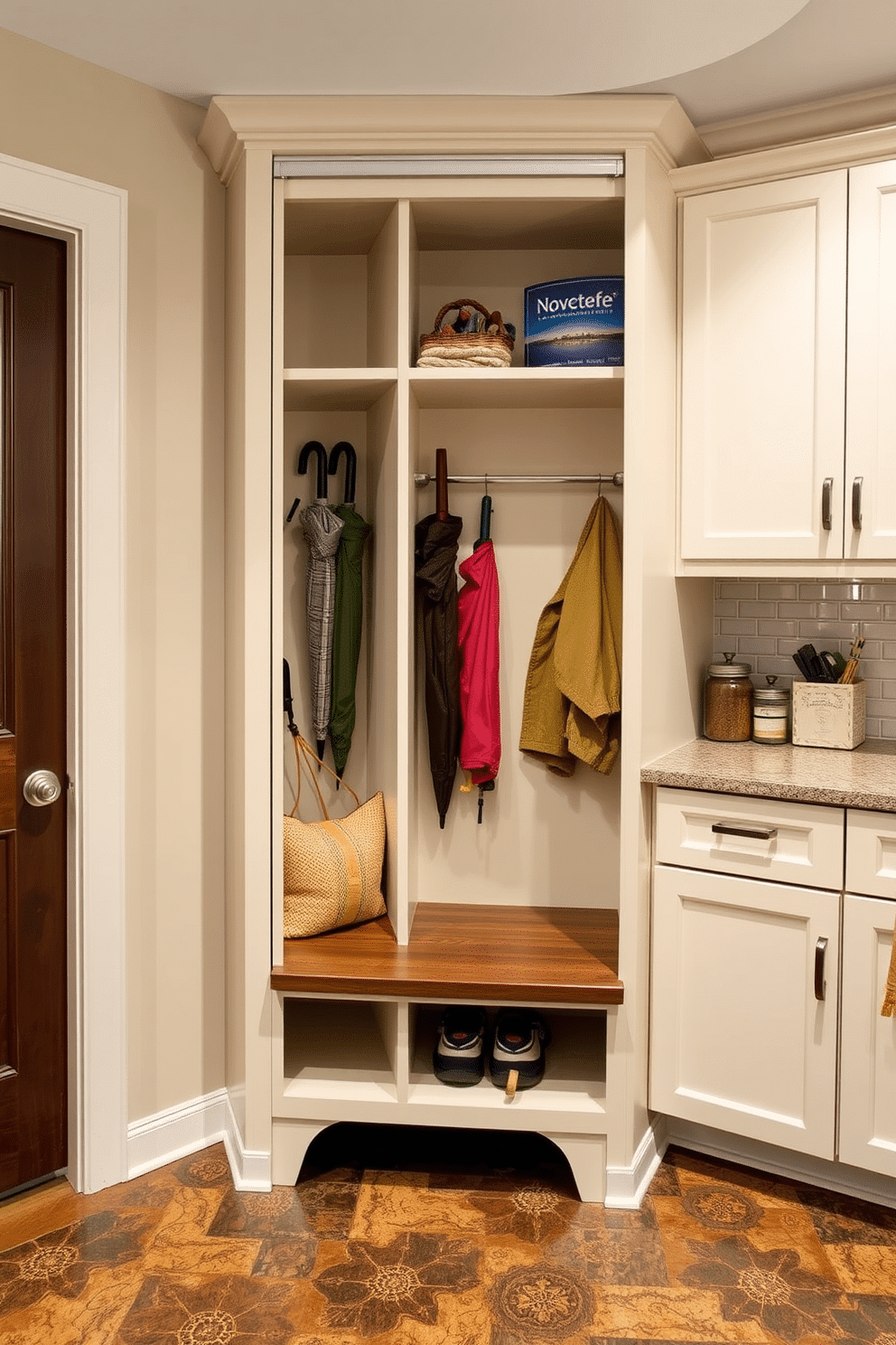 A functional mudroom near the kitchen features vertical storage solutions for umbrellas and outdoor gear. The design includes a sleek, built-in cabinet with open shelving for easy access, complemented by a bench for convenience and a durable, water-resistant floor.