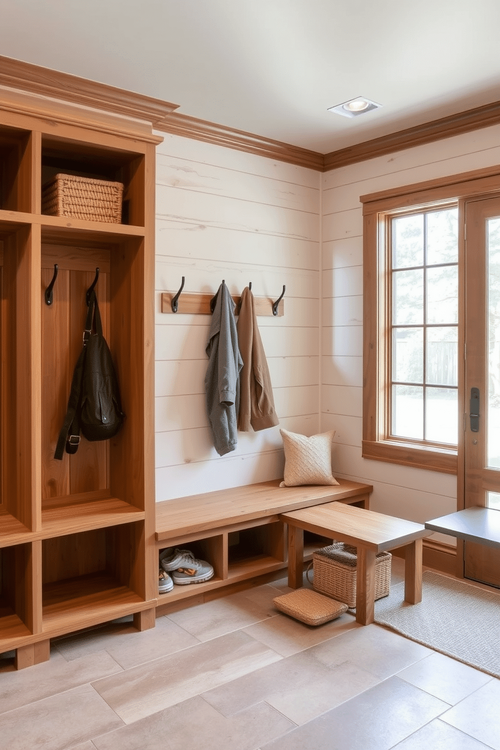 A welcoming mudroom near the kitchen features natural wood accents that create a warm and inviting atmosphere. The space includes built-in cubbies for storage, a wooden bench for seating, and hooks for hanging coats, all designed in a soft, neutral palette. The walls are adorned with shiplap, adding texture and charm, while a durable tile floor in earthy tones provides practicality. A large window allows natural light to flood the room, highlighting the wood finishes and creating a cozy environment for family and guests.