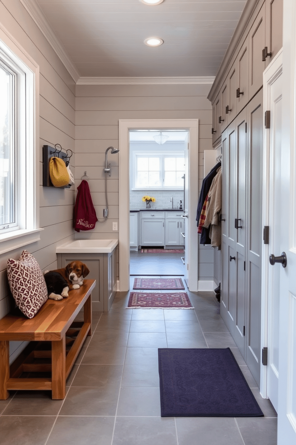 A spacious mudroom features a dedicated pet washing station, complete with a built-in tub and a handheld showerhead for easy cleaning. The walls are adorned with shiplap in a soft gray hue, while the floor is covered in durable, waterproof tiles for practical use. Adjacent to the kitchen, the mudroom includes ample storage with custom cabinetry and a bench for convenience. Hooks line the walls for coats and bags, and a cheerful rug adds a pop of color, creating an inviting transition space.