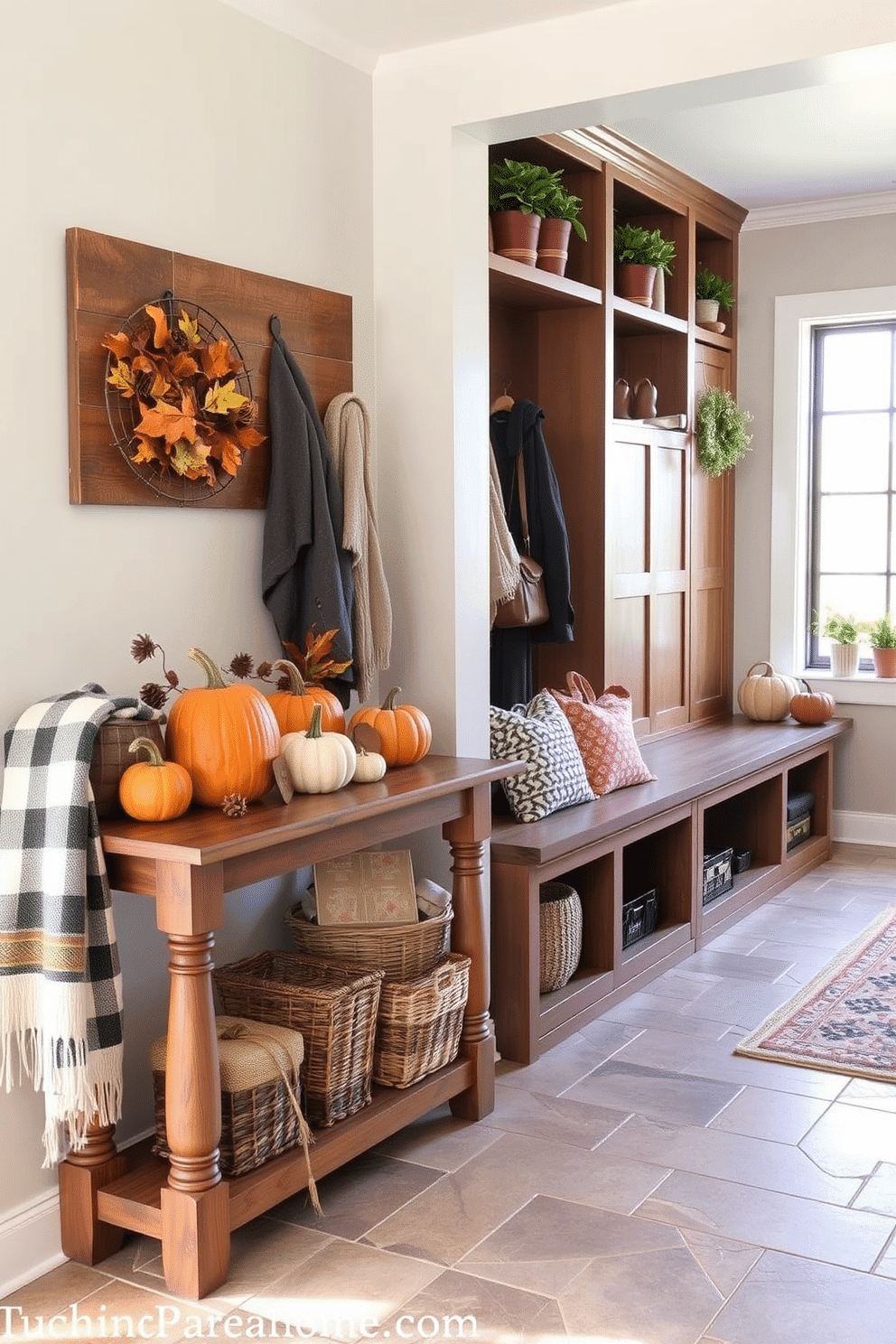 A seasonal decor display area featuring a rustic wooden console table adorned with autumn-themed decorations. A collection of pumpkins in varying sizes sits alongside a woven basket filled with colorful leaves and pinecones, while a cozy plaid throw drapes over one side. A mudroom near the kitchen designed with built-in wooden benches and hooks for coats and bags. The space is accented with a stylish tile floor that mimics natural stone, and a large window allows natural light to brighten the area, showcasing potted plants on the sill.