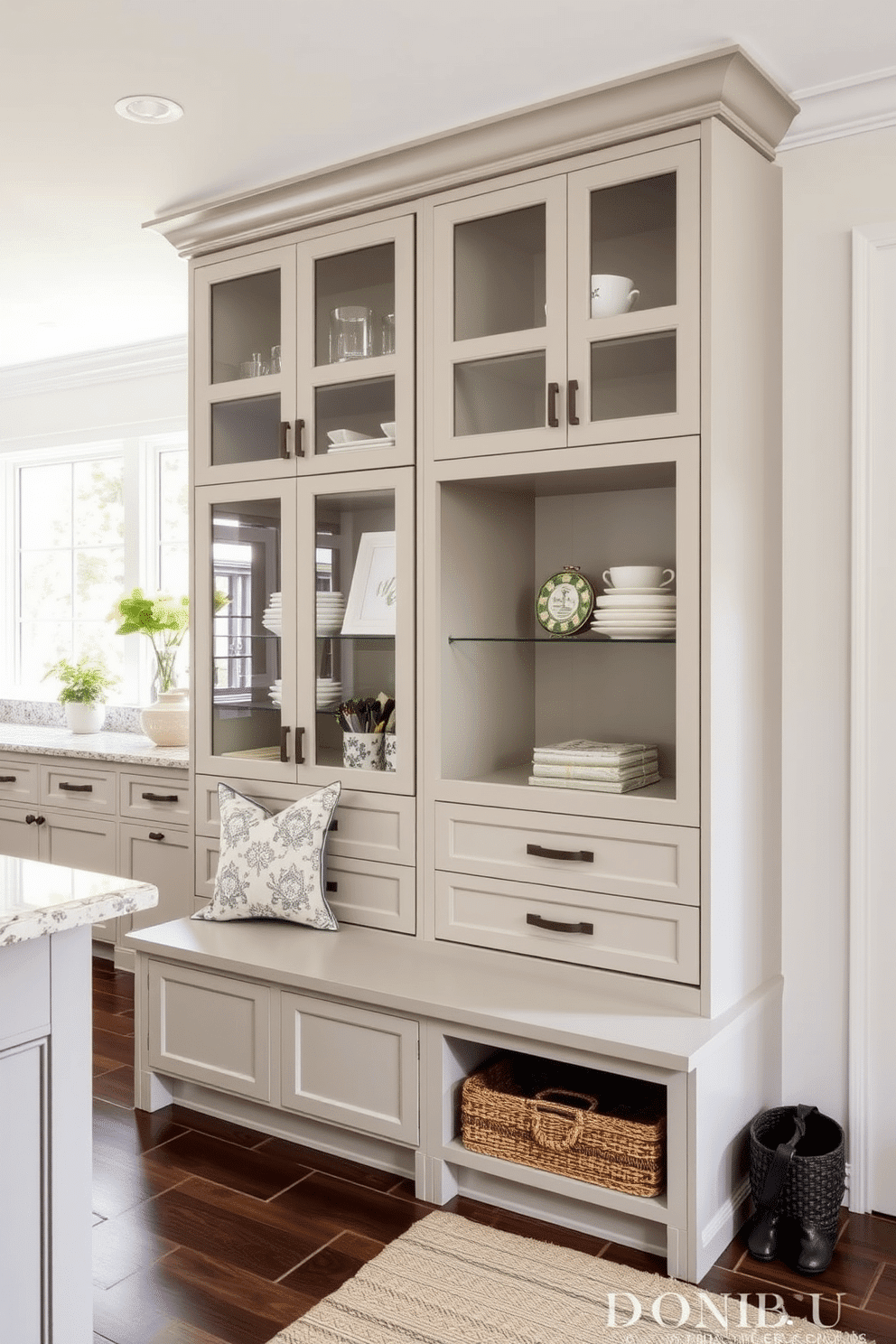 A stylish mudroom adjacent to the kitchen features glass-front cabinets showcasing curated display items. The cabinetry is complemented by a sleek bench with storage underneath, and the walls are adorned with a soft, neutral palette that enhances the natural light.