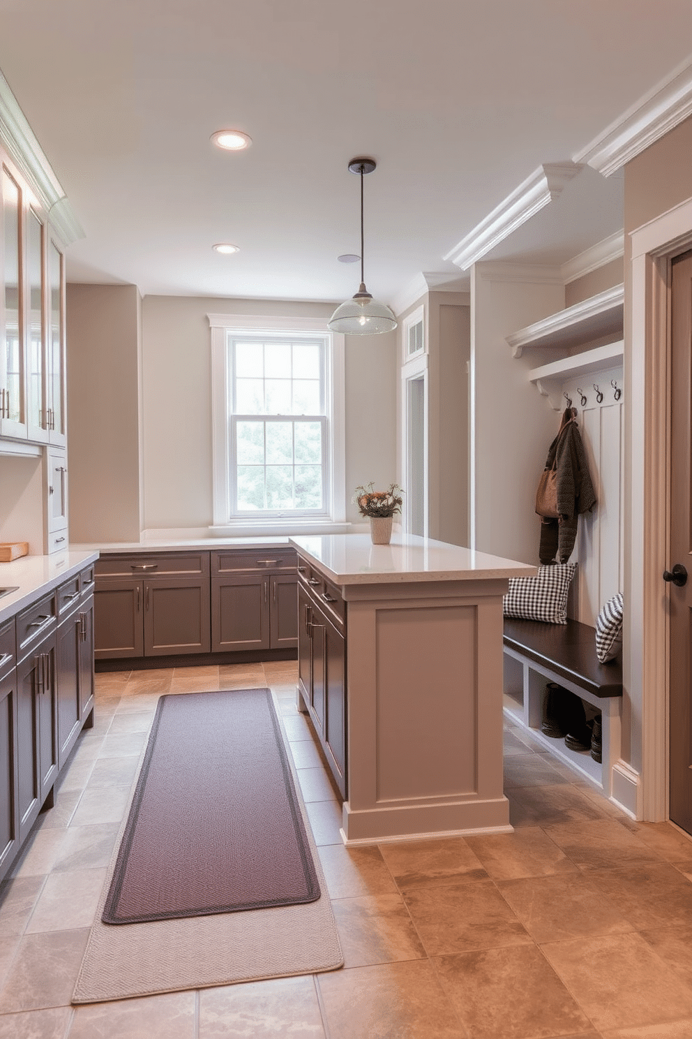 A functional island designed for extra workspace features a sleek quartz countertop with integrated seating for casual dining. Below the countertop, custom cabinetry provides ample storage for kitchen essentials, while pendant lights overhead add a warm ambiance. The mudroom near the kitchen includes built-in benches with cushioned seating and hooks for coats and bags. A durable tile floor is accented with a stylish runner, and a large window allows natural light to brighten the space.