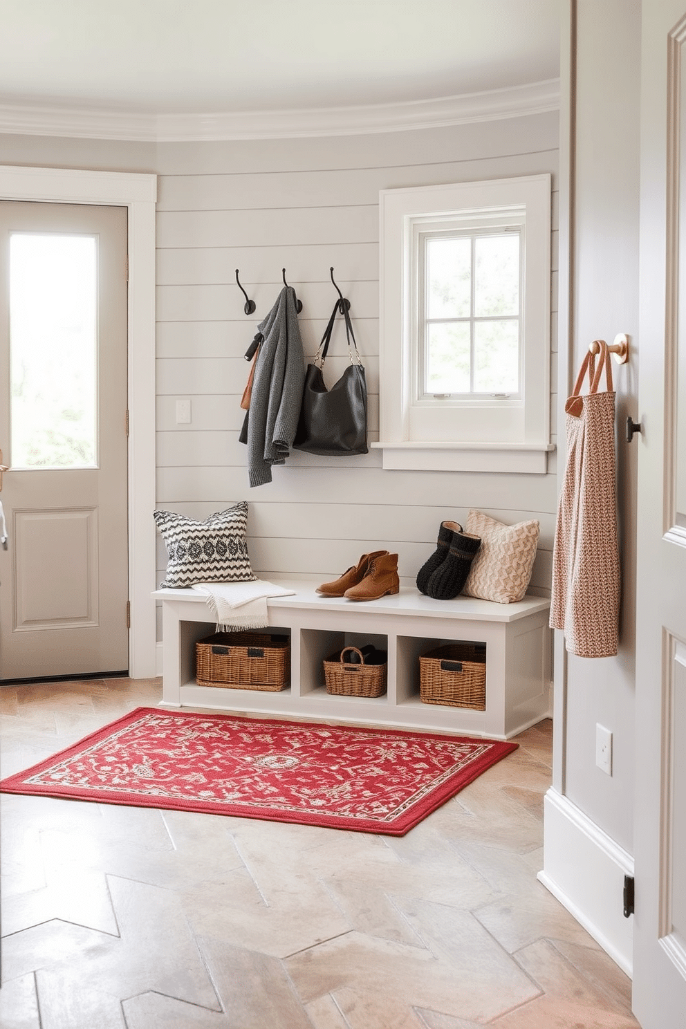 A functional mudroom near the kitchen features durable materials designed to withstand high traffic. The space includes a built-in bench with storage underneath, surrounded by shiplap walls painted in a soft gray, and a durable tile floor that mimics natural stone. Hooks for coats and bags are mounted on the wall above the bench, and a large window allows natural light to flood the area. A stylish area rug adds warmth, while baskets neatly organize shoes and outdoor gear.