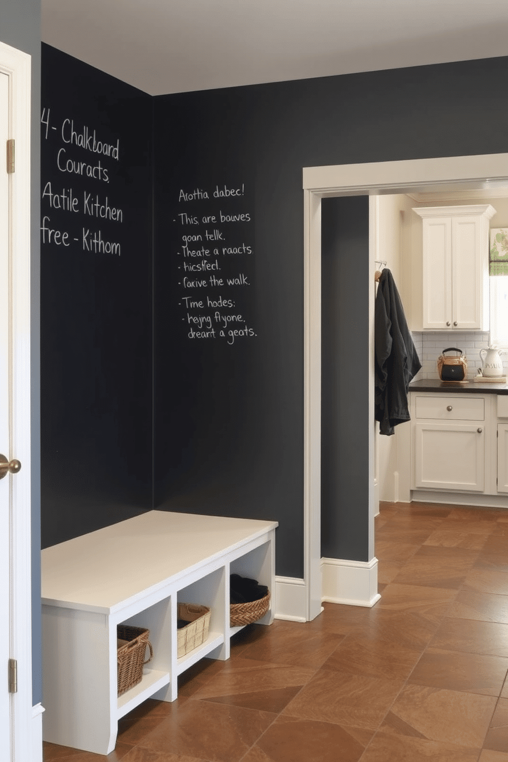 A mudroom adjacent to the kitchen features a chalkboard wall, perfect for jotting down messages and reminders. The space includes built-in benches with storage underneath, hooks for coats, and a durable floor that withstands heavy foot traffic.