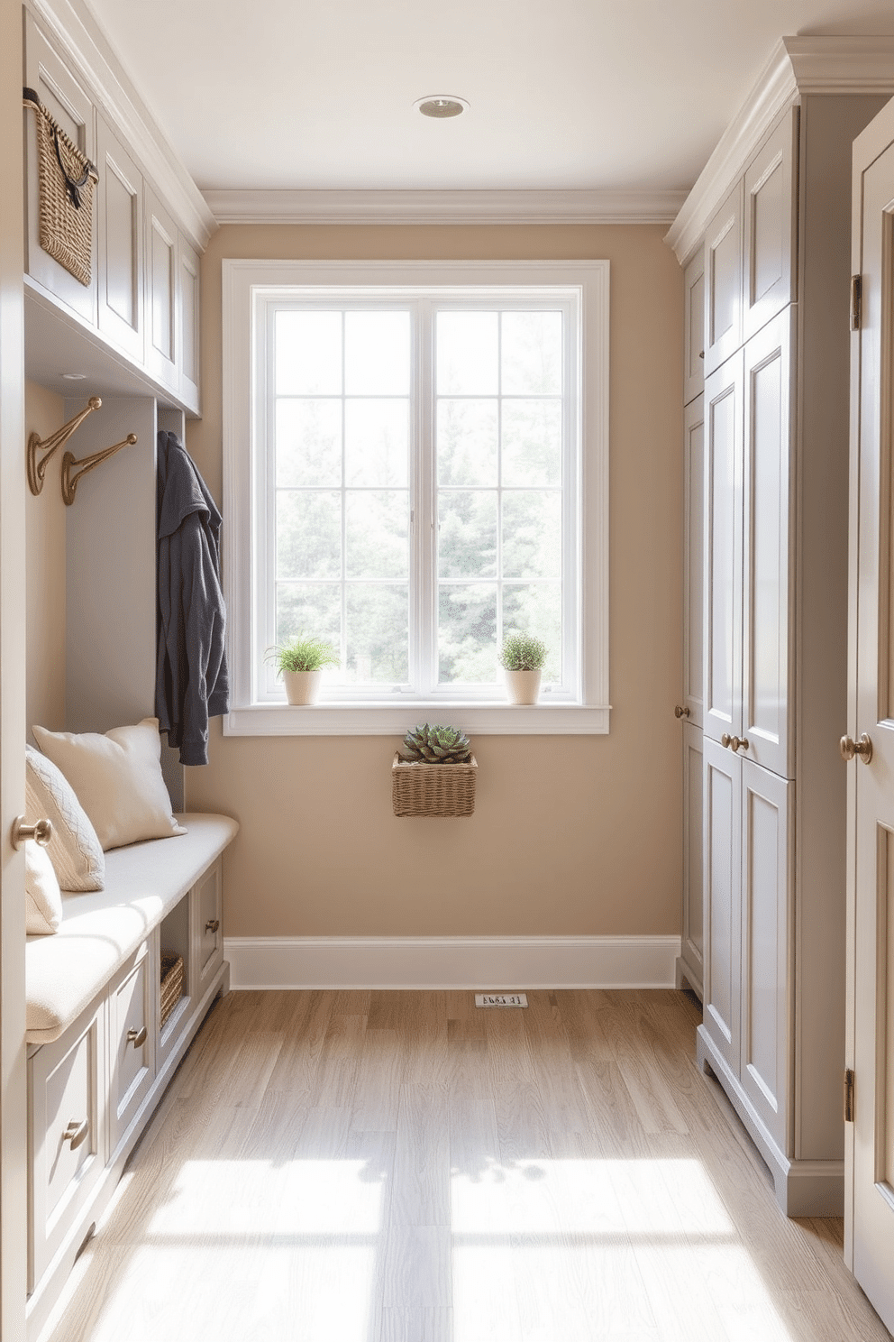 A serene mudroom designed with a neutral palette, featuring soft beige walls and light gray cabinetry. The space includes built-in benches with plush cushions, and hooks for coats, creating an inviting transition area near the kitchen. Natural light floods through a large window, illuminating the durable, textured flooring that mimics natural wood. Decorative baskets and a few potted plants add warmth and functionality, making the mudroom both practical and aesthetically pleasing.