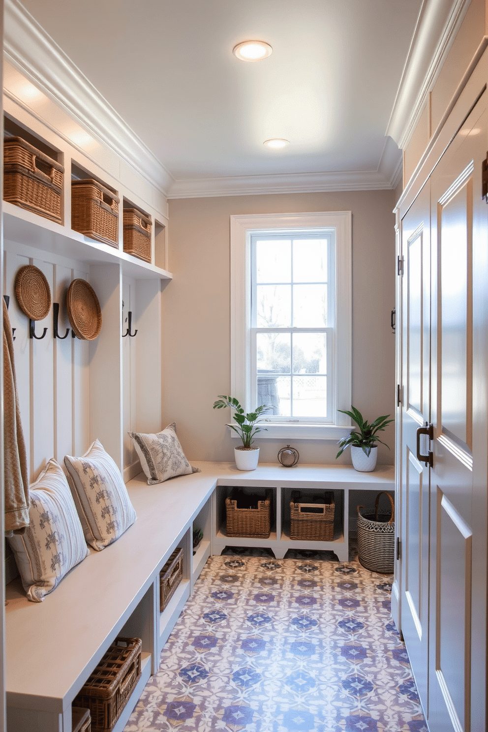 A bright and welcoming mudroom adjacent to the kitchen features recessed lighting that enhances the airy ambiance. The space includes built-in benches with plush cushions, hooks for hanging coats, and a stylish storage cabinet to keep the area organized. The walls are painted in a soft, neutral tone, complemented by a durable, patterned tile floor that adds visual interest. A large window allows natural light to flood in, while decorative baskets and potted plants provide warmth and personality to the design.