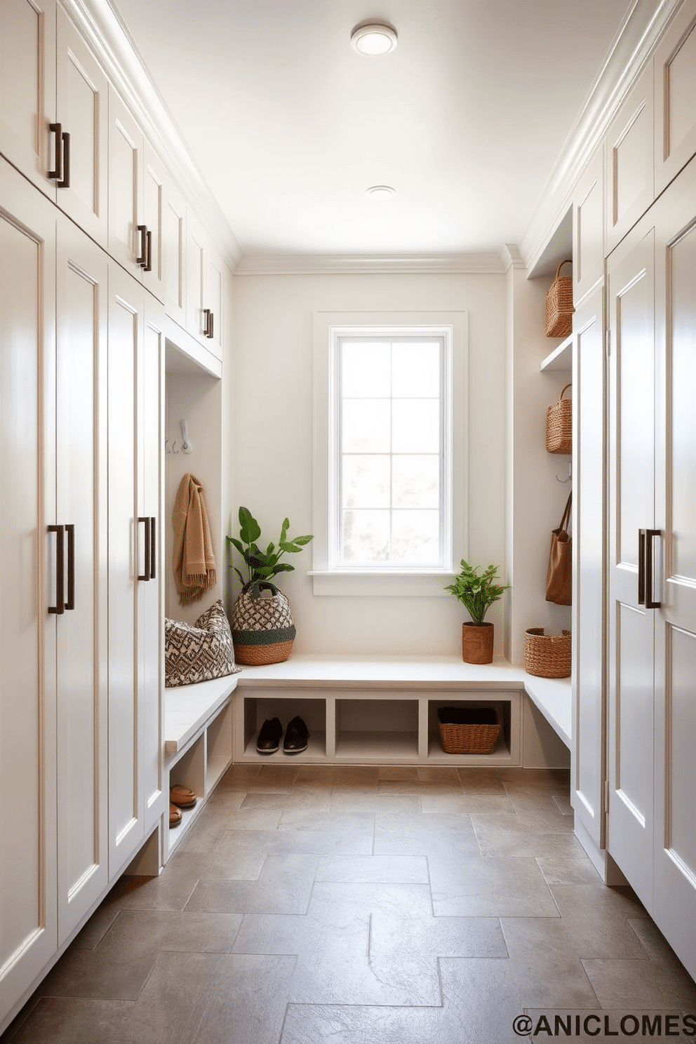 A modern mudroom adjacent to the kitchen features floor-to-ceiling storage cabinets in a sleek white finish, providing maximum efficiency and organization. The space includes a built-in bench with plush cushions, perfect for sitting while removing shoes, and hooks for hanging coats and bags. Natural light floods the room through a large window, illuminating the textured tile flooring that is both stylish and easy to clean. Accents of greenery and decorative baskets add warmth and personality to this functional yet inviting area.