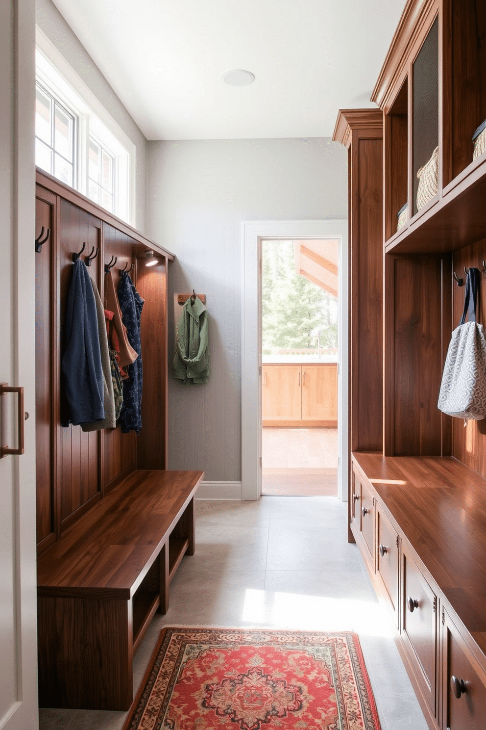 Mudroom lockers designed for family organization feature custom-built wooden units with a rich walnut finish. Each locker is equipped with hooks for coats and bags, along with a bench for convenient seating, all set against a backdrop of soft gray walls. The mudroom, located near the kitchen, boasts a spacious layout with ceramic tile flooring for easy cleaning. Bright, natural light floods the space through a large window, highlighting the functional yet stylish design elements, including a decorative rug and built-in shelving for storage.