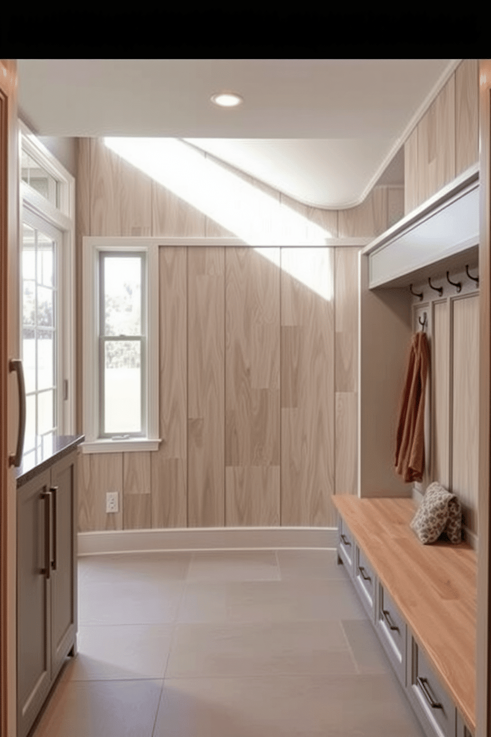 Textured wall panels create a striking focal point in the mudroom, enhancing the space with depth and character. The design features a combination of light wood and soft gray tones, complemented by built-in storage benches and hooks for convenience. Adjacent to the kitchen, the mudroom offers easy access and functionality, with a sleek tile floor for durability. Natural light floods the area through a large window, illuminating the textured panels and creating an inviting atmosphere.