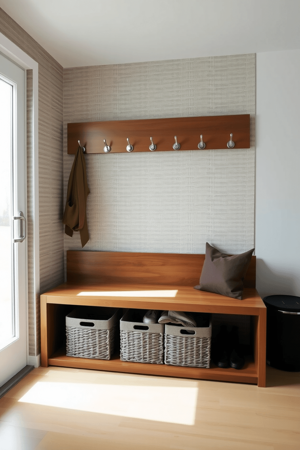 A stylish mudroom design features a sleek bench with a warm wood finish, providing a comfortable spot to sit while removing shoes. Above the bench, a series of elegant coat hooks in a brushed nickel finish are mounted on a textured wall, creating a functional yet chic entryway. The space is illuminated by natural light streaming through a nearby window, enhancing the inviting atmosphere. Complementary storage baskets are neatly arranged beneath the bench, adding both organization and style to the room.