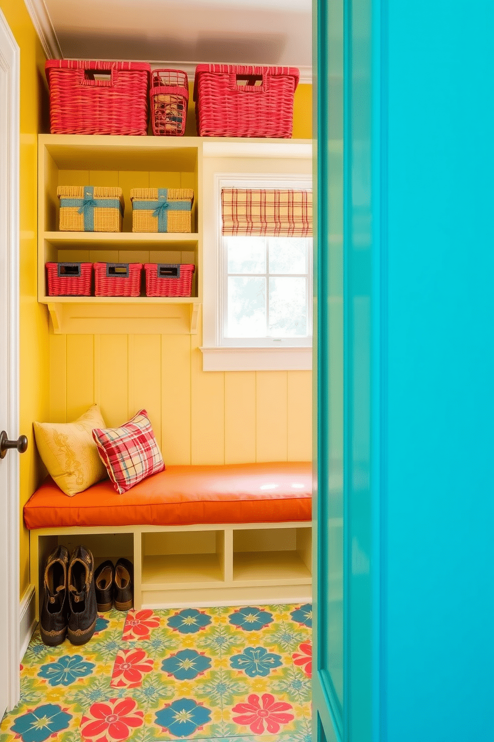 A vibrant mudroom near the kitchen features bright yellow walls that instantly uplift the space. The floor is adorned with colorful patterned tiles, adding a playful touch to the overall design. A spacious bench with plush cushions in a mix of bold colors provides a comfortable spot for putting on shoes. Shelves above the bench are filled with neatly organized baskets in coordinating hues, keeping the area tidy and cheerful.