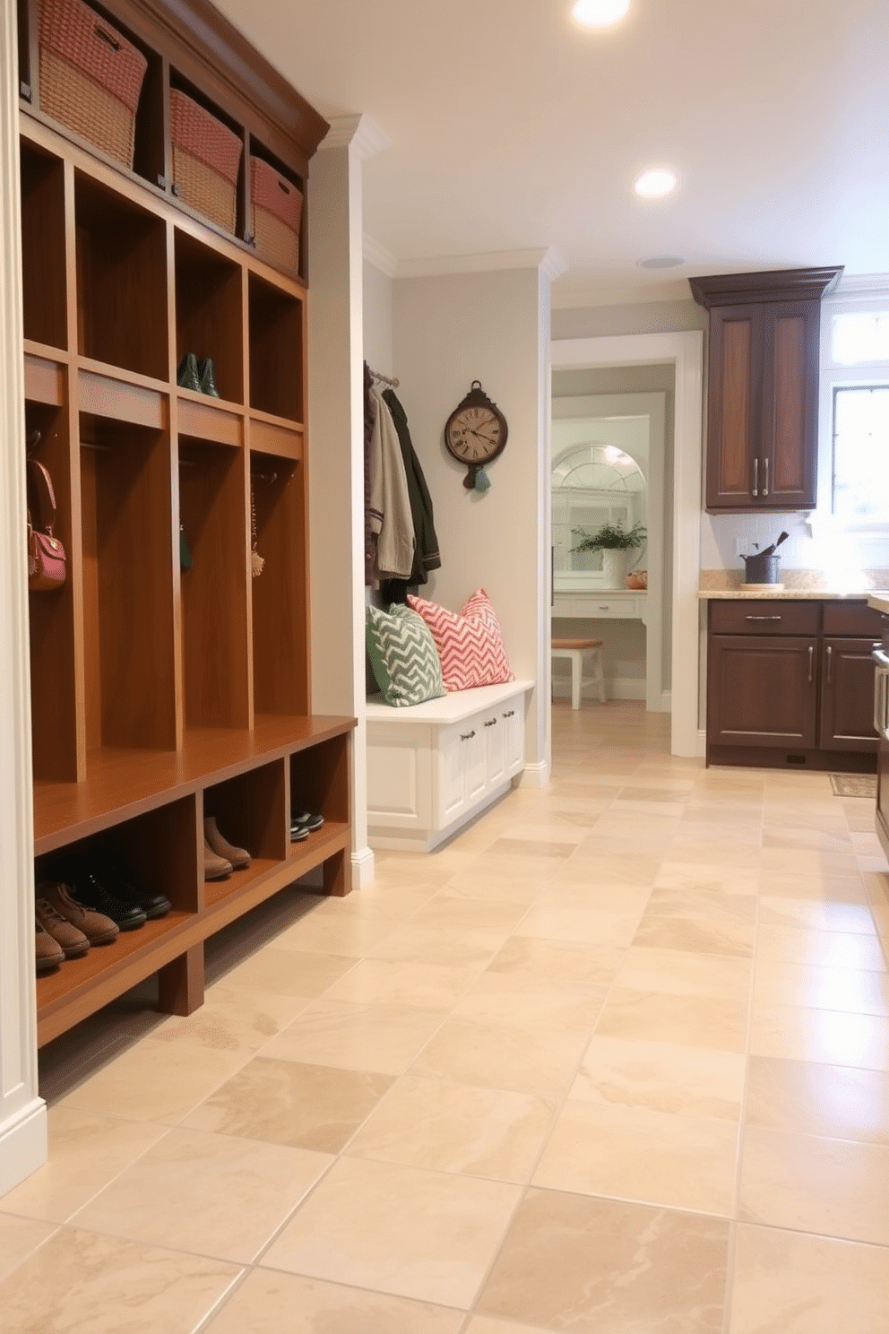 A functional mudroom adjacent to the kitchen features tile flooring for easy cleaning, enhancing both practicality and style. The space includes built-in cubbies for shoes and coats, with a bench for convenience and a pop of color from decorative cushions.